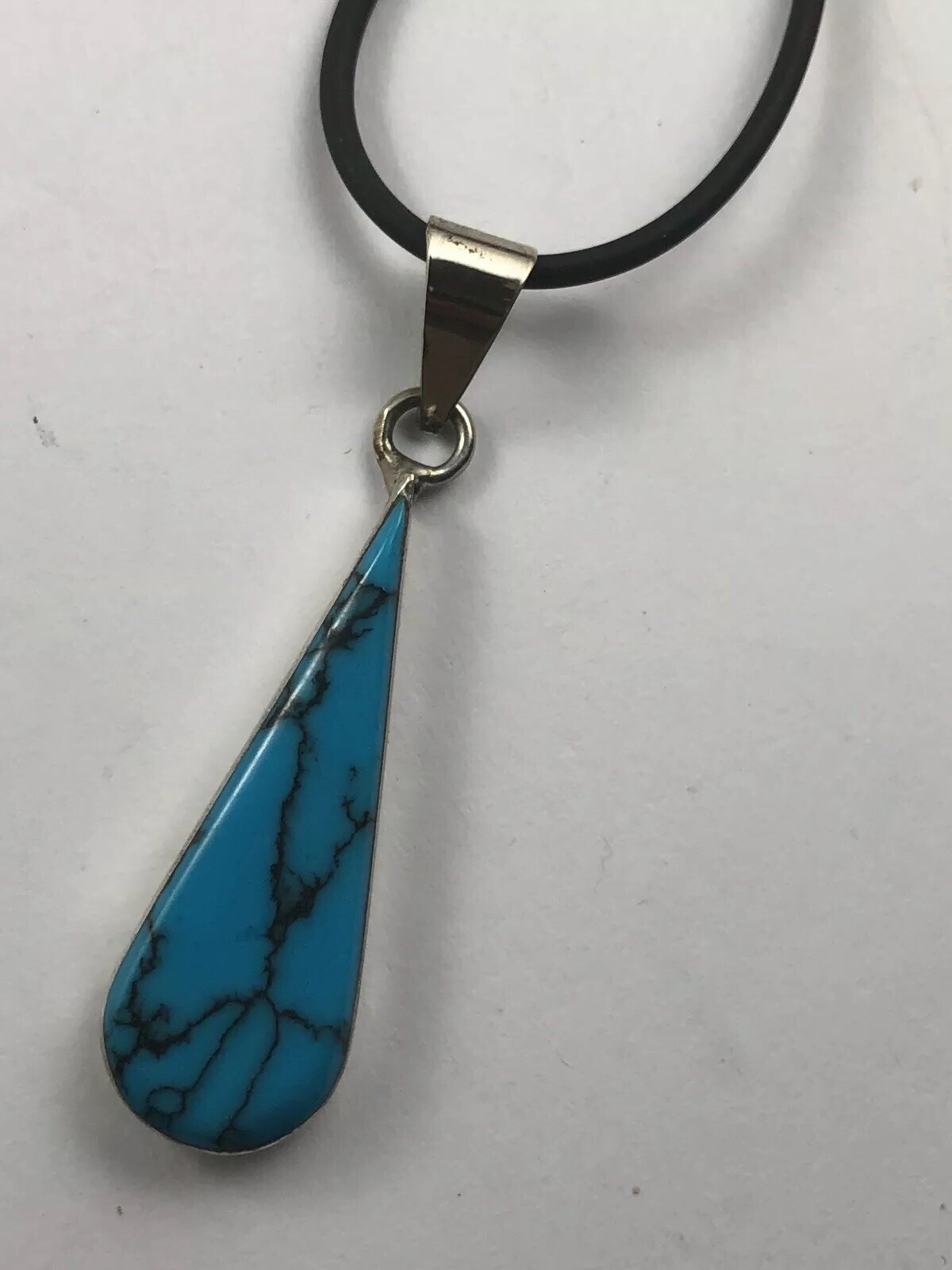 Vintage Sterling Silvet Turqouse Drop Necklace Rubber Choker