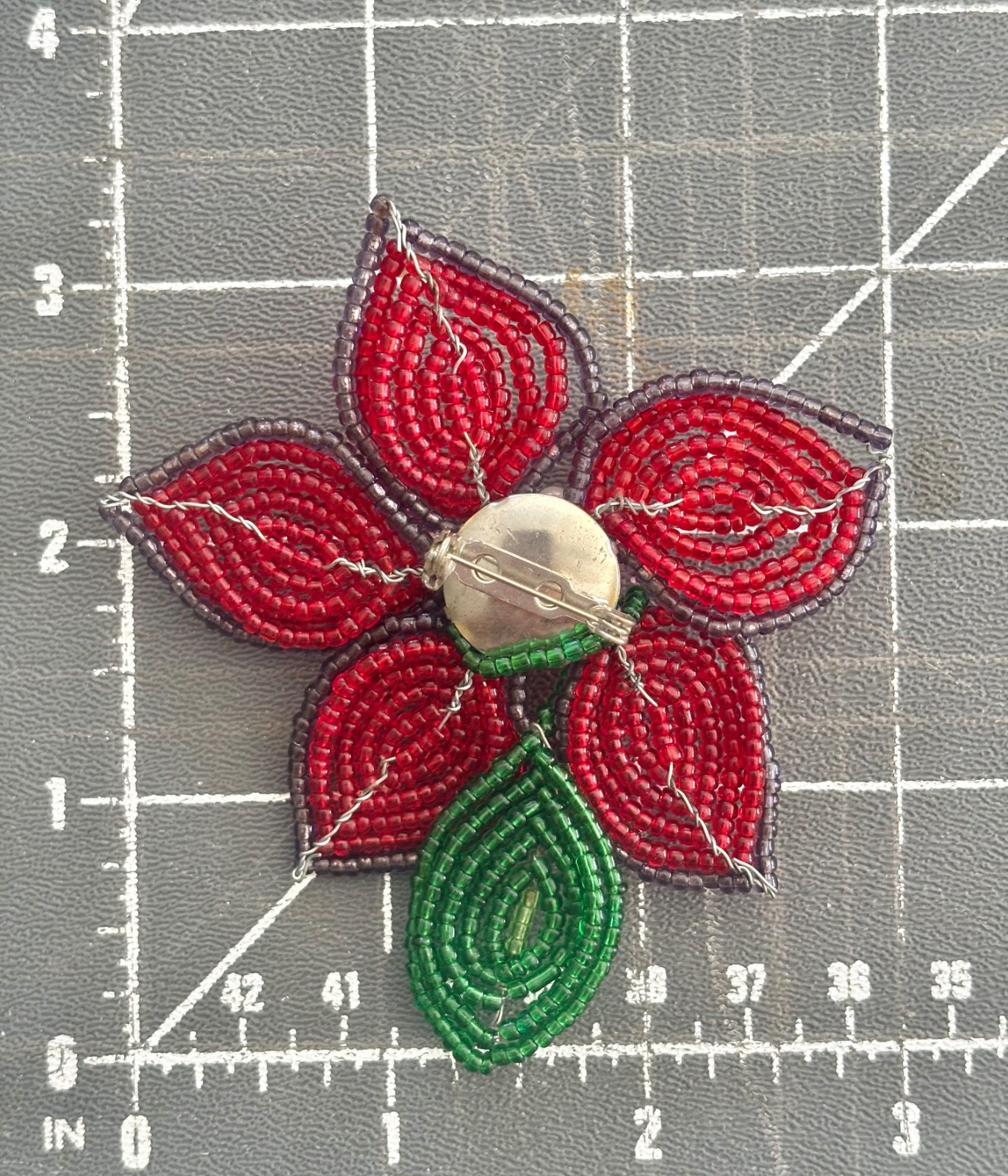 Sweet Hand Beaded Vintage Flower Brooch PIN with Green Leaf Details