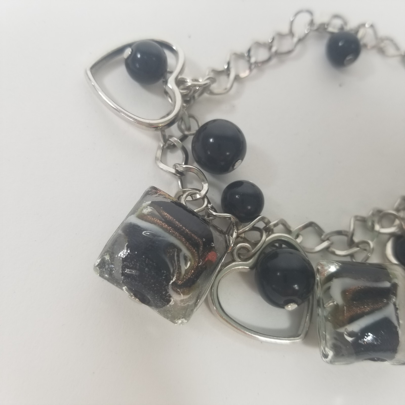 Charm Bracelet Black Silver Tone Heart Glass Bead Dangle 7-9″
