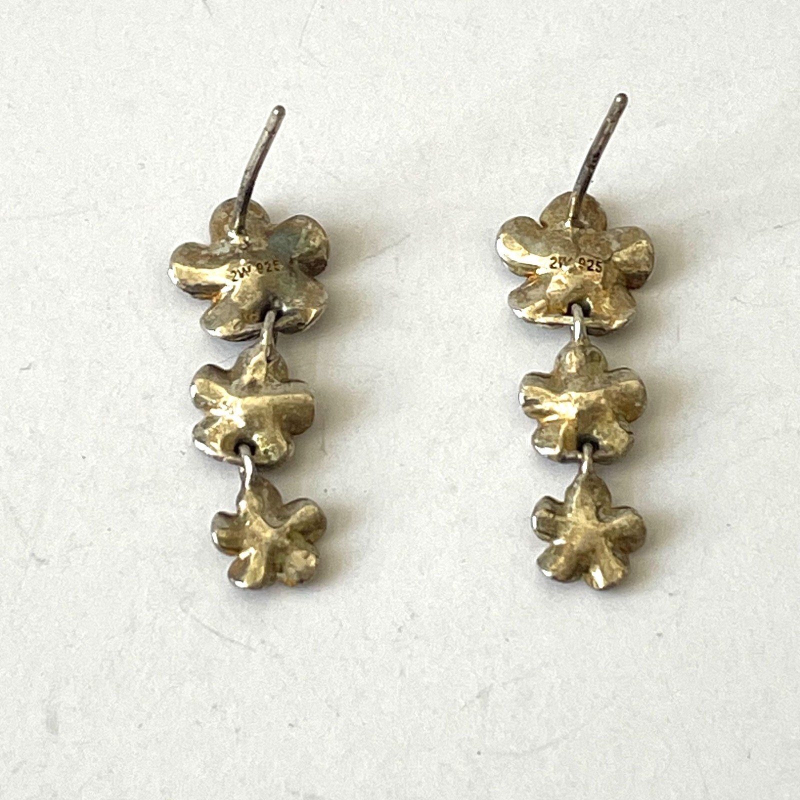 2W 925 Sterling Silver Rhinestone Floral Dangle Earrings Vintage Classic Grandma