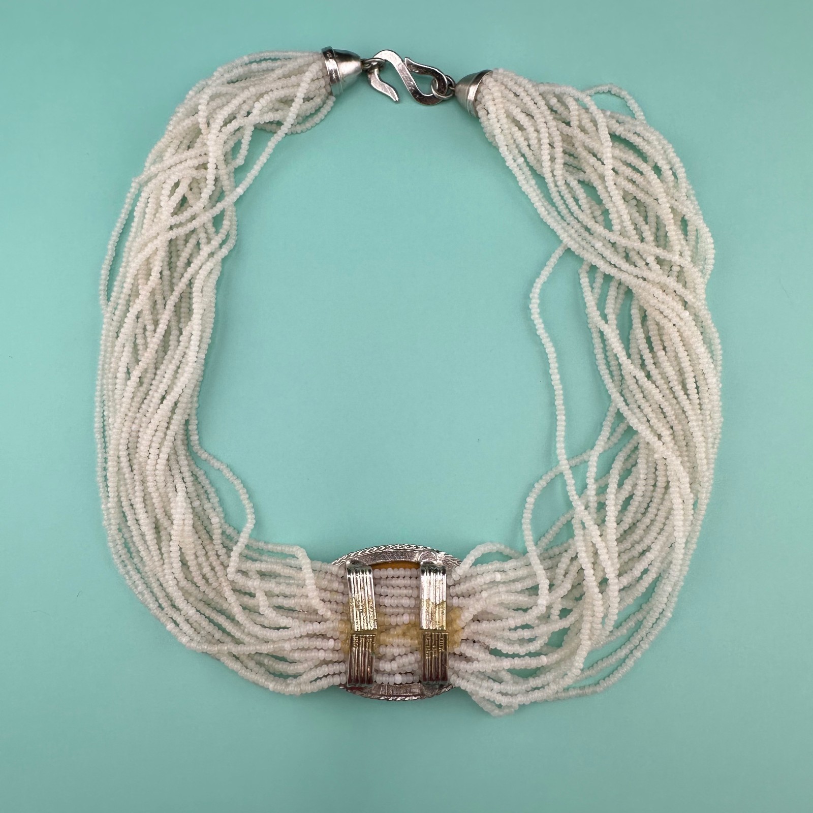 Vintage Seed Bead Opalite Necklace Multi Strand Large Oval Station Pendant 17″