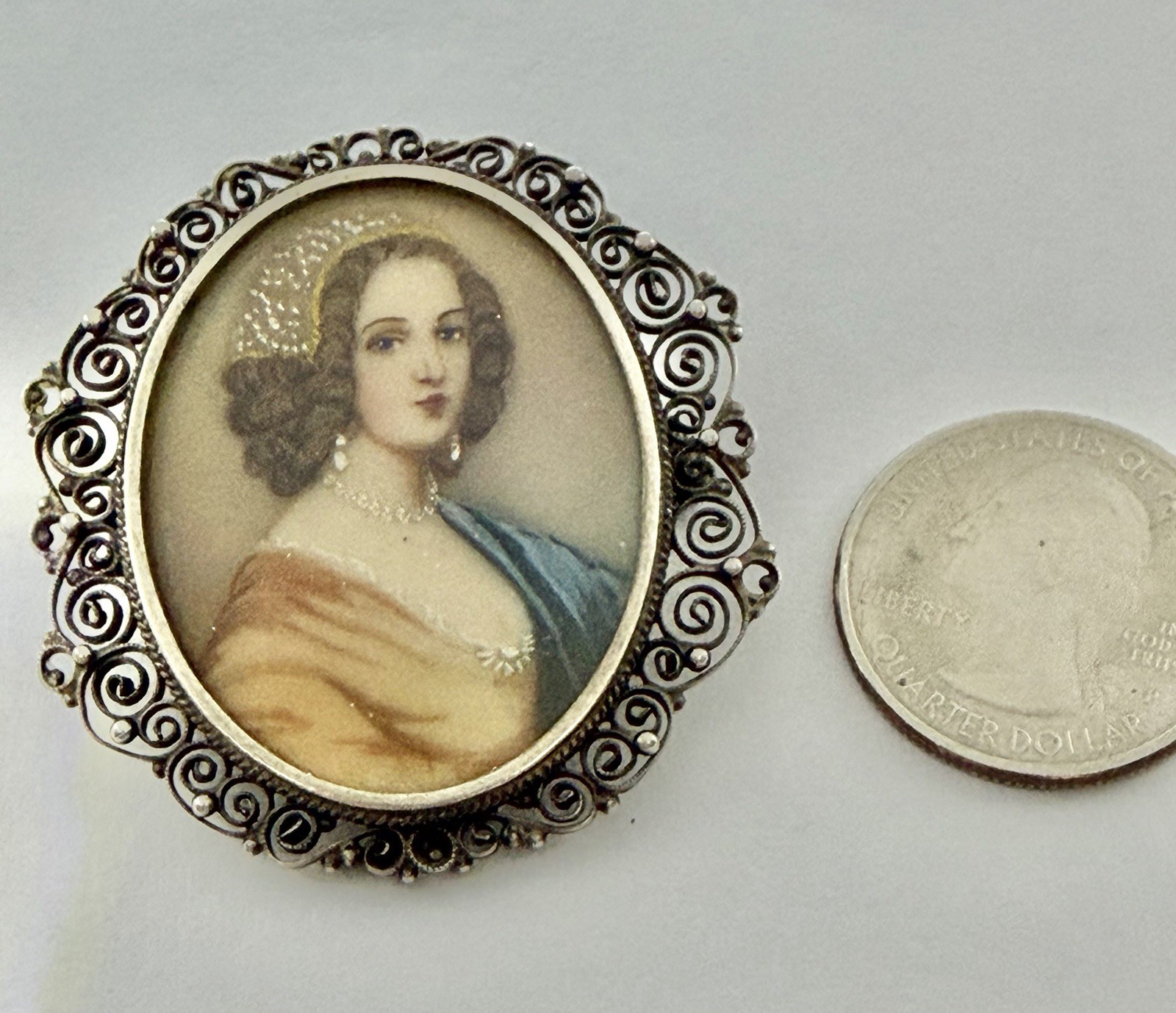 Vintage Renaissance Lady Portrait Hand Painted Miniature Brooch 800 Silver
