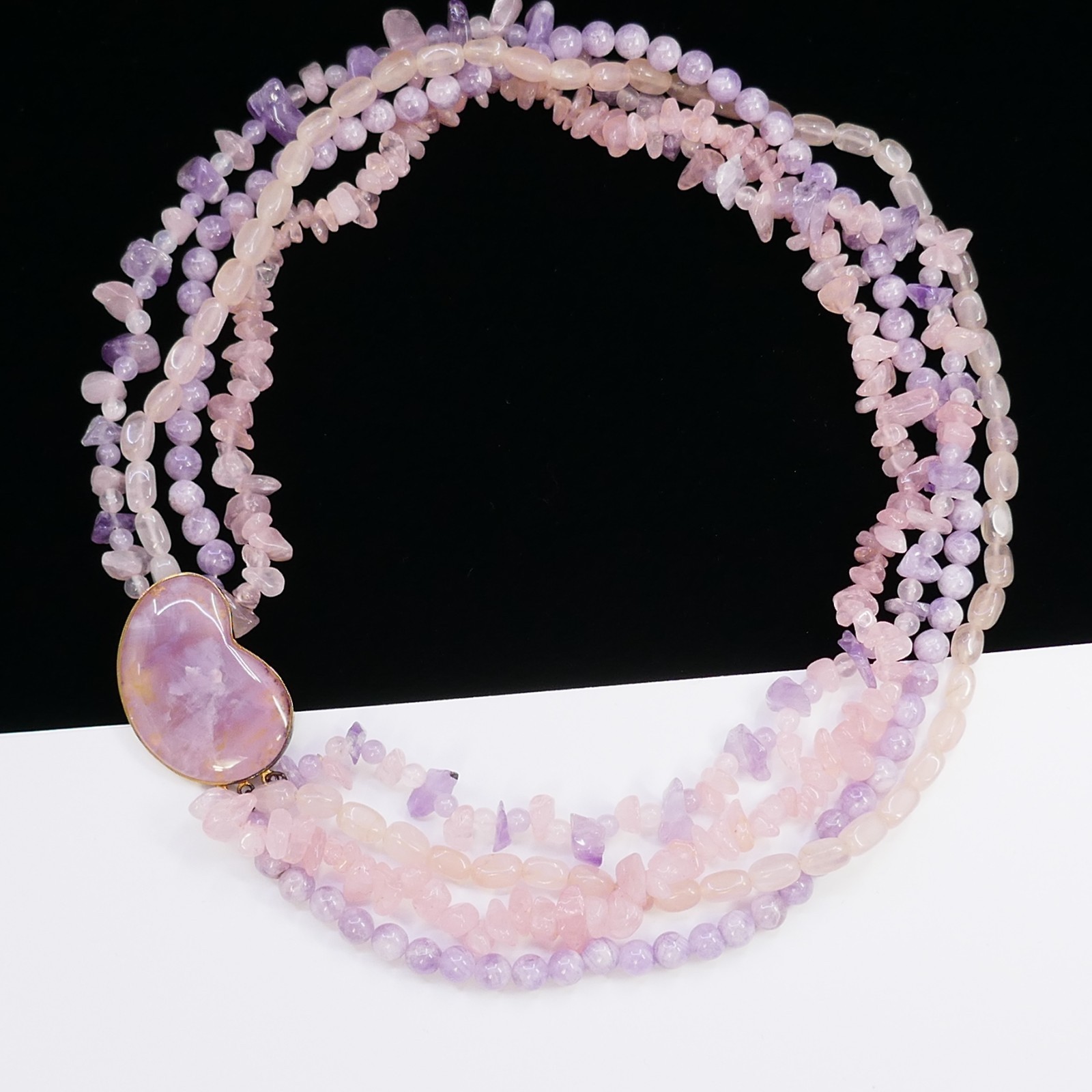 MULTISTRAND AMETHYST ROSE PINK QUARTZ GEMSTONE CHIP TORSADE BEAD NECKLACE
