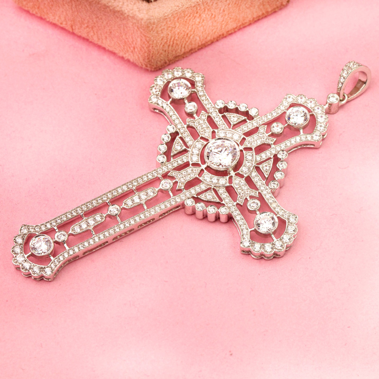 3.85TCW Round Lab Grown Diamond 14K Gold Vintage Art Deco Cross Filigree Pendant