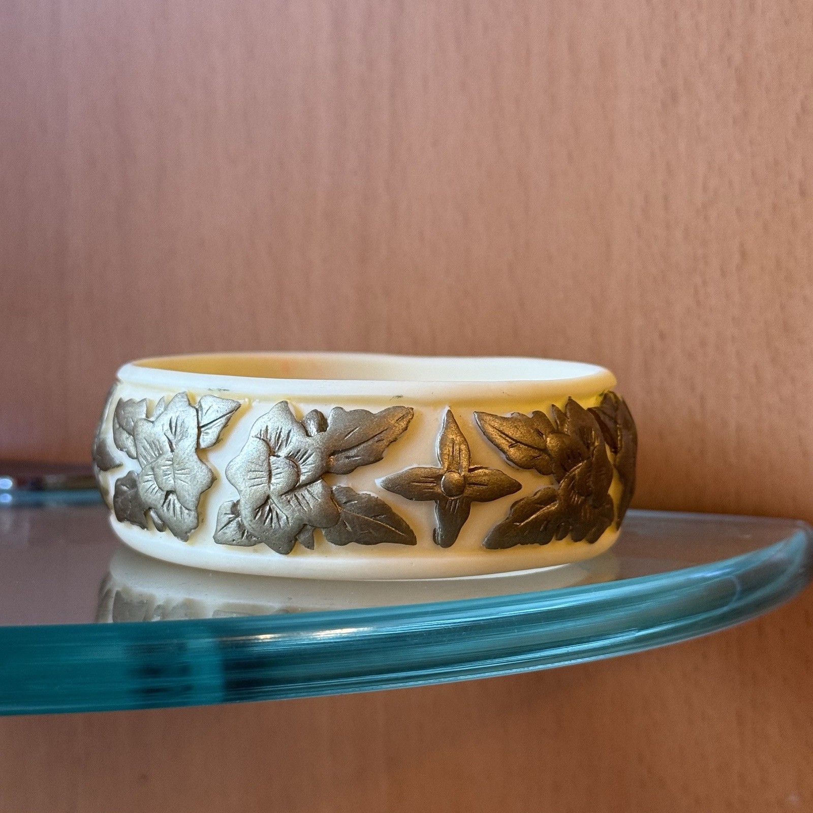 French Ivory? Celluloid Bangle Carved Floral Rose Motif Matte Finish Circa 1920?