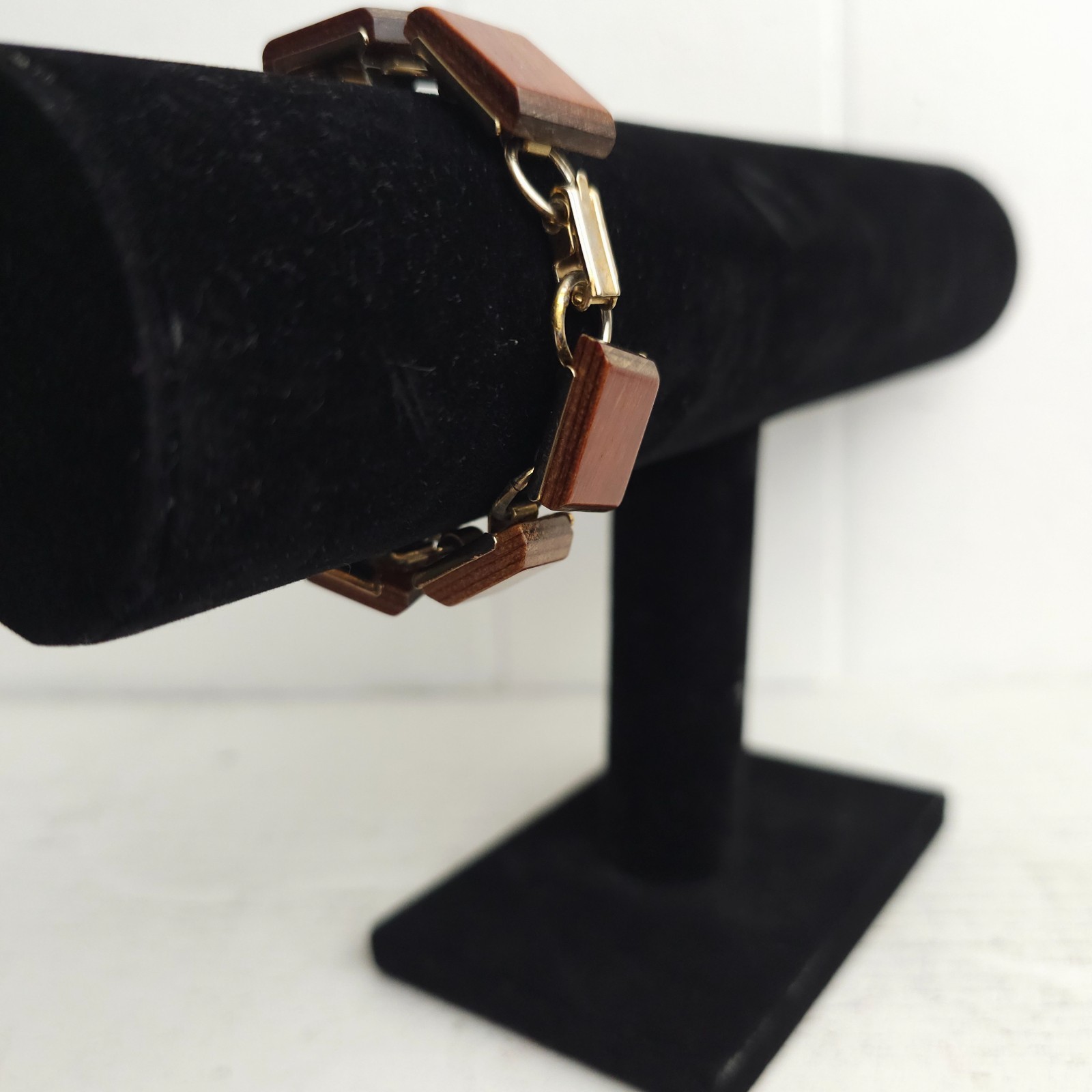 Vtg Modernist MCM Wood Tile Link Bracelet Boho 1960s 70s Earthy Natural Minimal