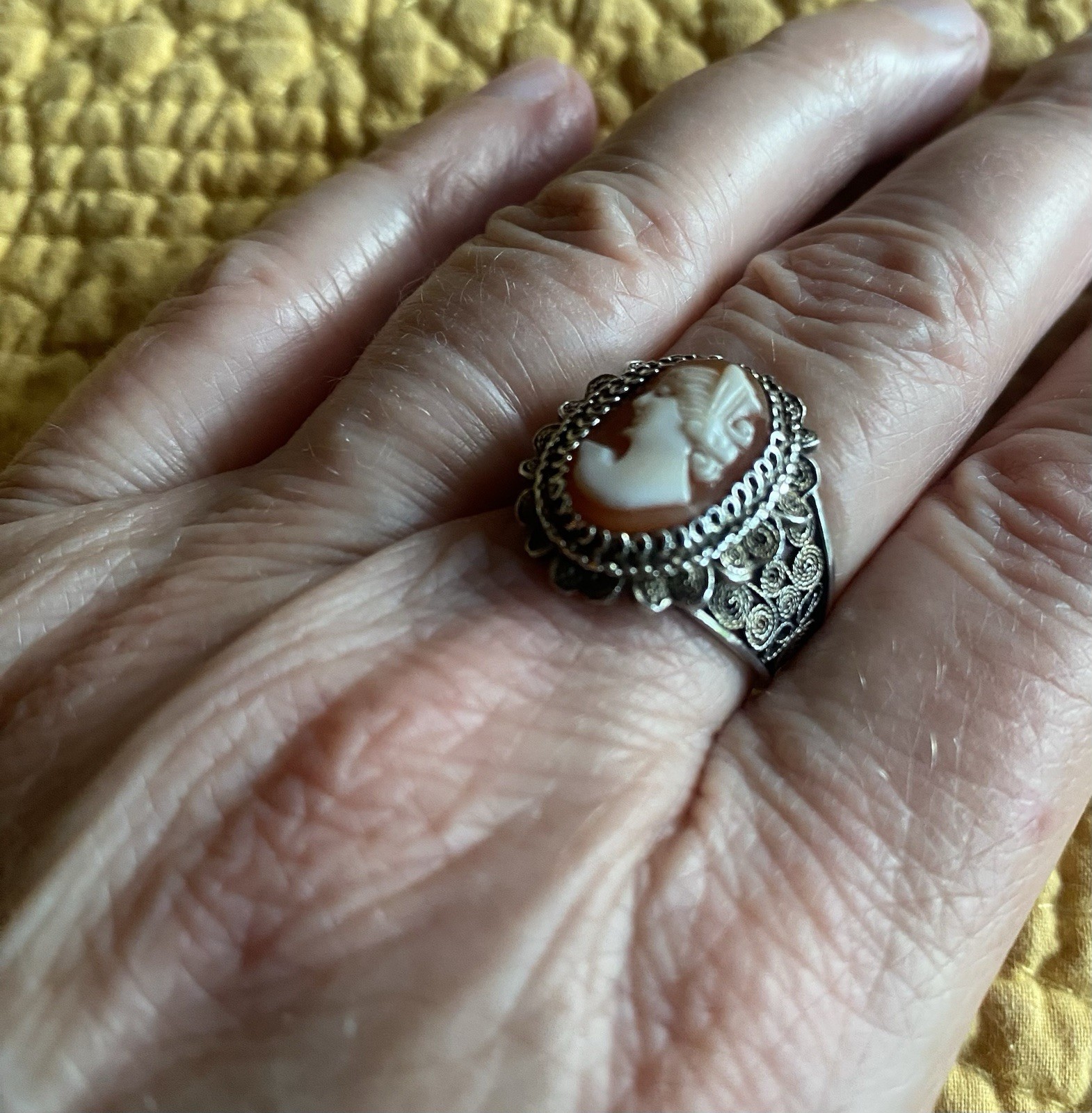 Antique Cameo Ring Burnished Sterling Silver Venetian Filigree Style Size 7.25