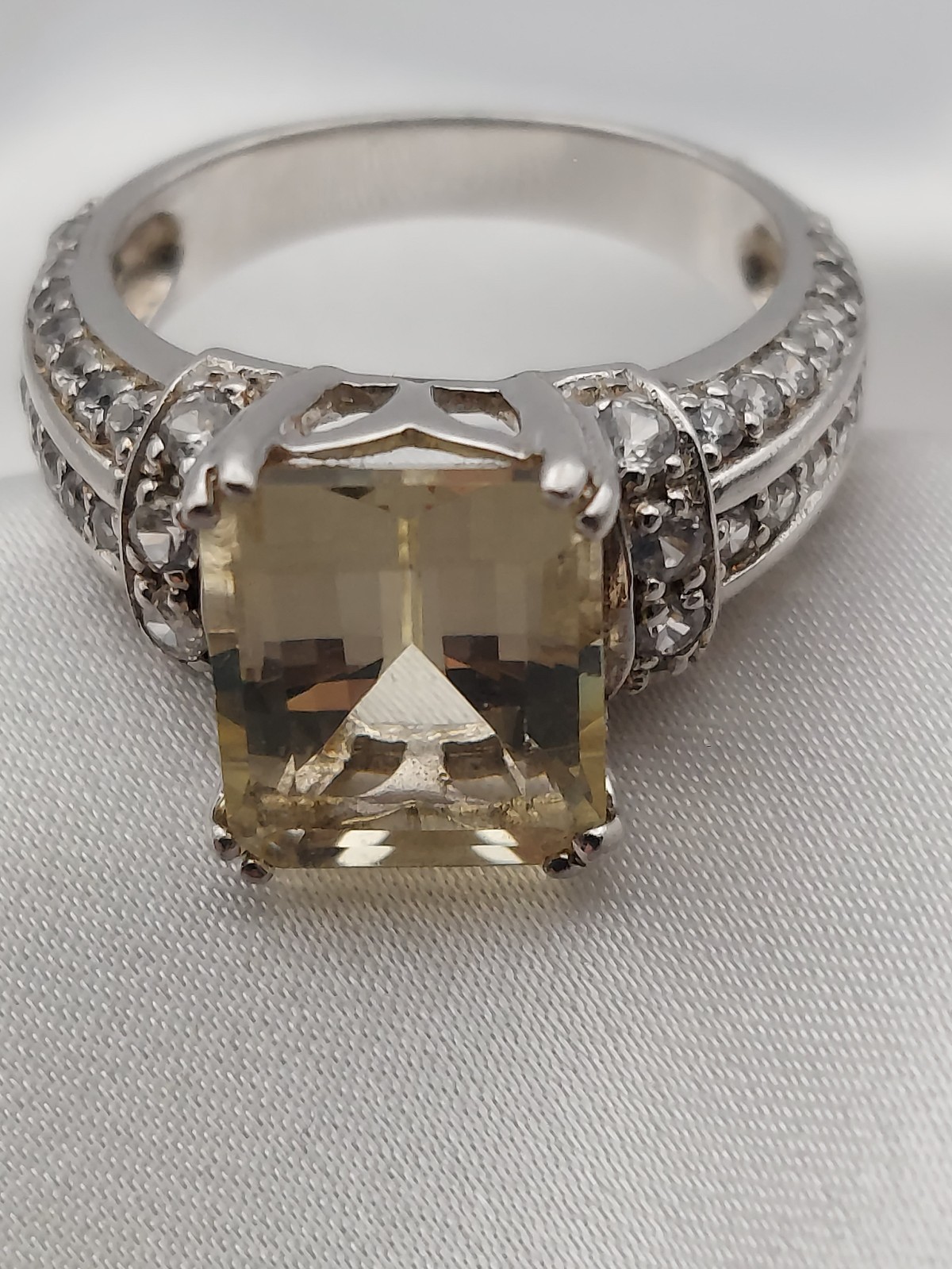 Sterling Silver Crystals & Citrine Rectangle 3 row Ring Size 8 Vtg HSN “B” 3ct
