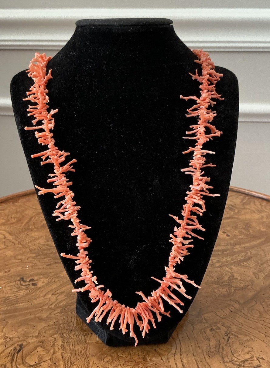 Vintage Undyed Salmon Pink Fine Branch Coral Necklace Fish Hook Clasp 24” Long
