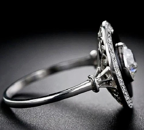 2.59Ct Art Deco Style Lab-Created Diamond & Onyx Engagement 925 Silver Ring