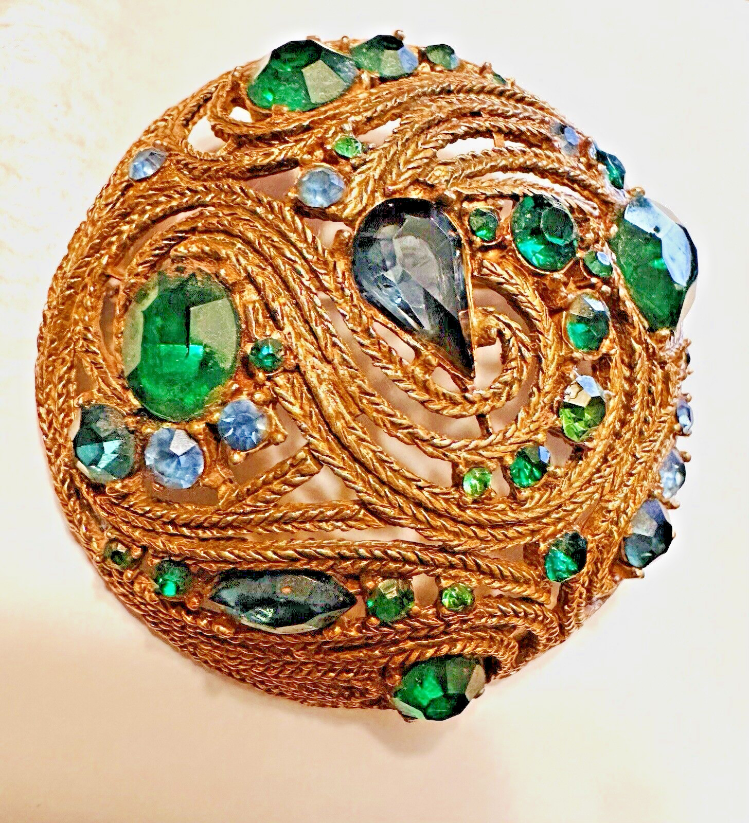 Vintage Statement MCM LA ROCO Circular Green Blue Rhinestone Brooch
