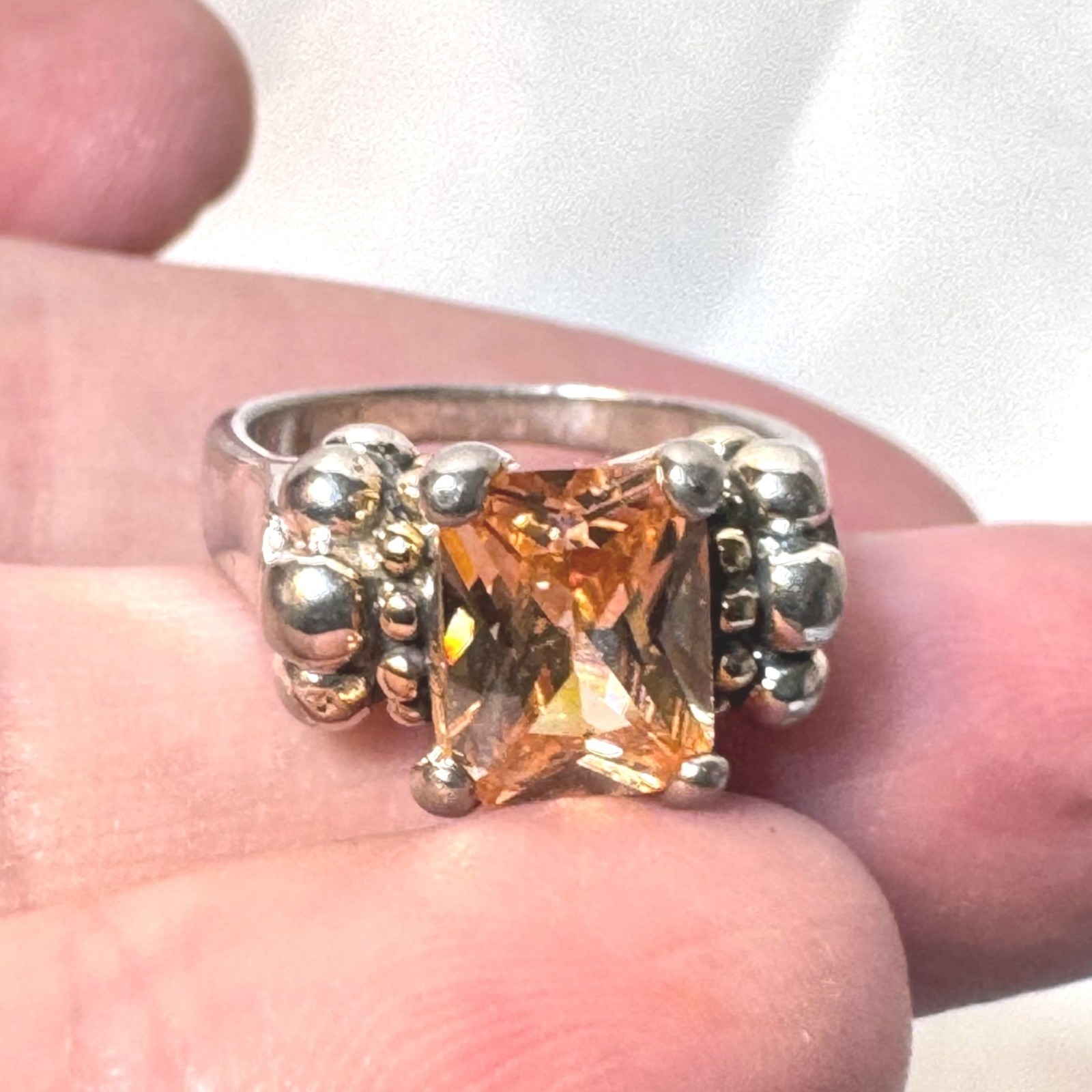 Emerald Cut Peach CZ Beaded Tapered Shoulders VTG Sterling Silver 925