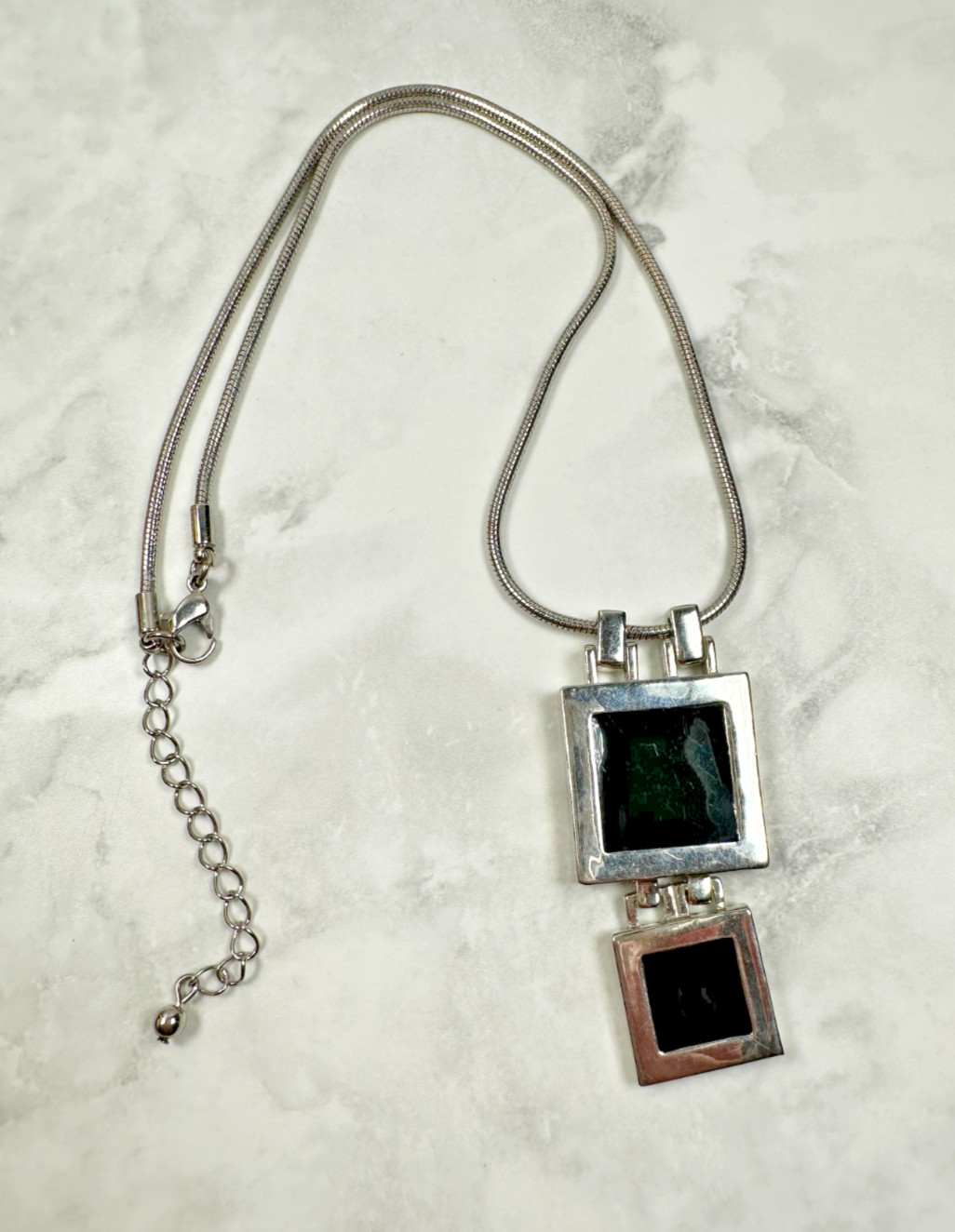 Modern Silver Tone Necklace with Square Black Double Pendants – 16″