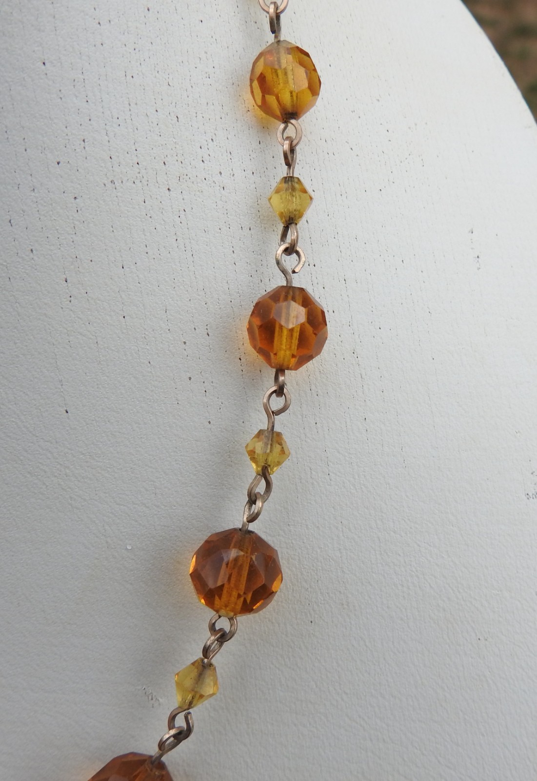 Vnt Czech Gold Tone Faux Faceted Honey Amber Glass & Crystal Bead Necklace 16″