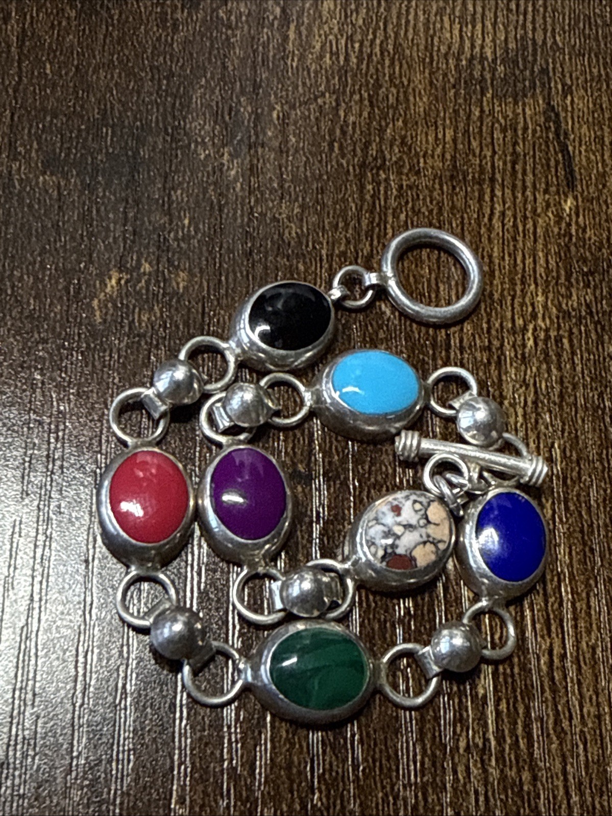 ATI Mexico Bracelet Link Multicolor Multi-Stone Handmade 8.5”Sterling Silver 925