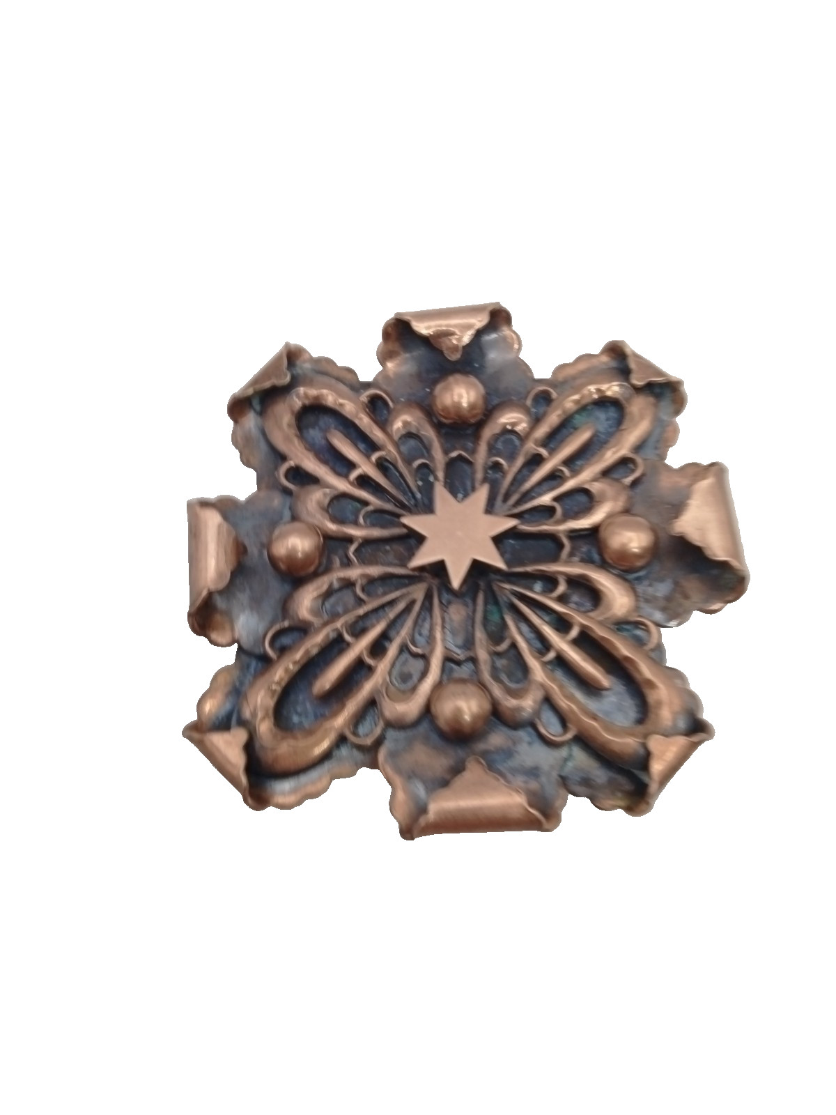 Artisan Crafted Copper Flower Brooch Pin Boho Dimensional Star Medallion Jewelry