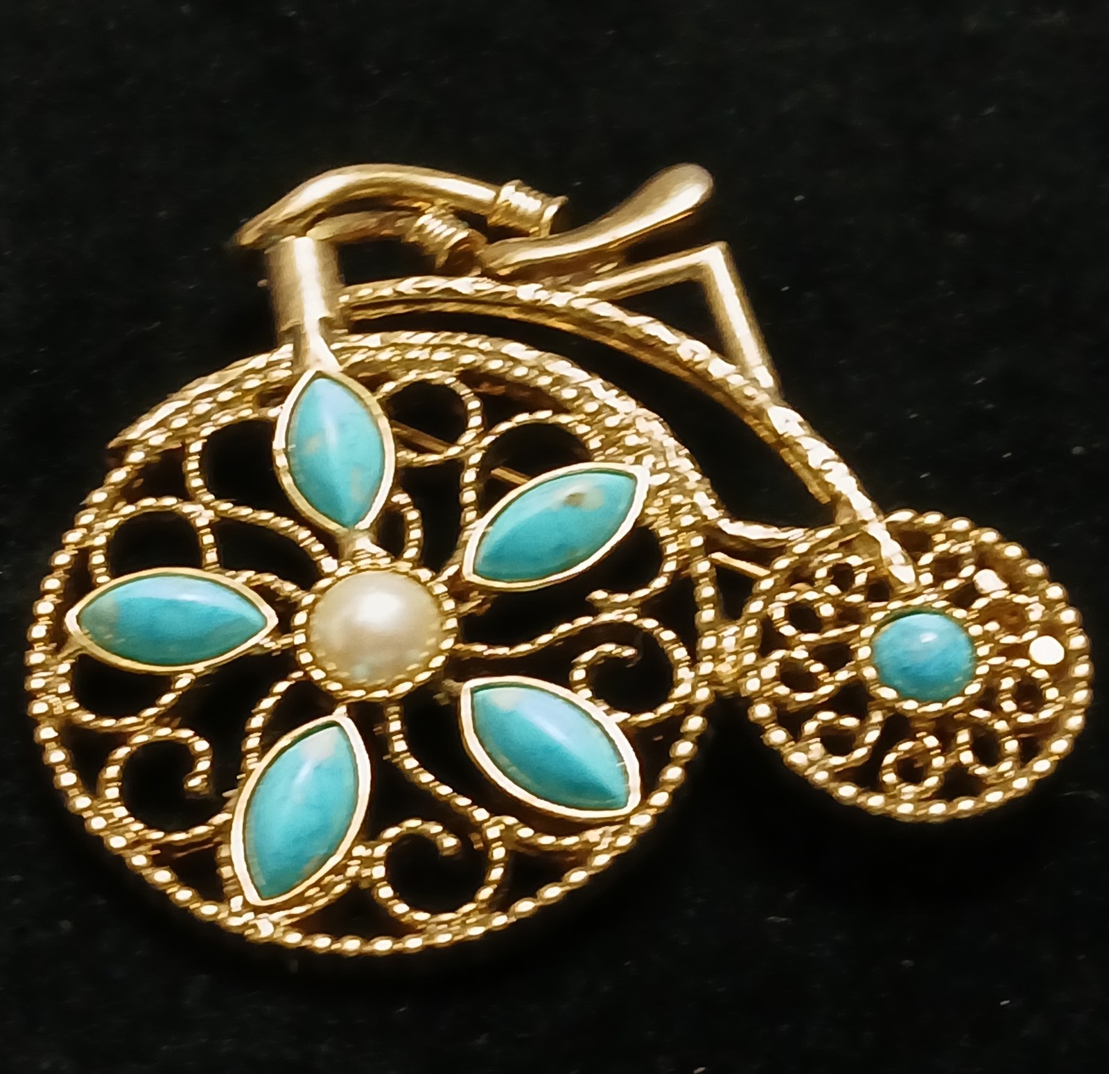 Vtg Whimsical Bicycle Brooch Pin Faux Turquoise Cabochons Nostalgic Unique