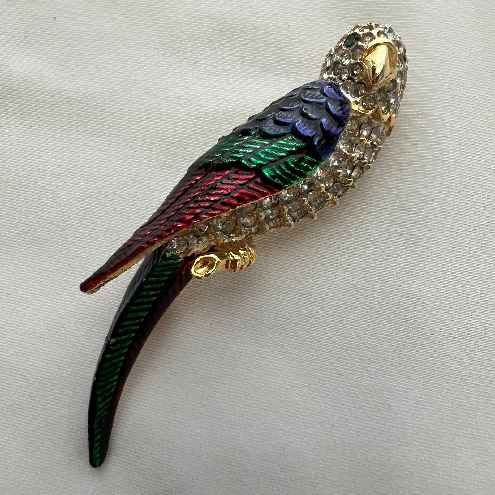 Vintage Pave Rhinestone Parrot Brooch Pin Guilloche Enamel Colorful Macaw Bird