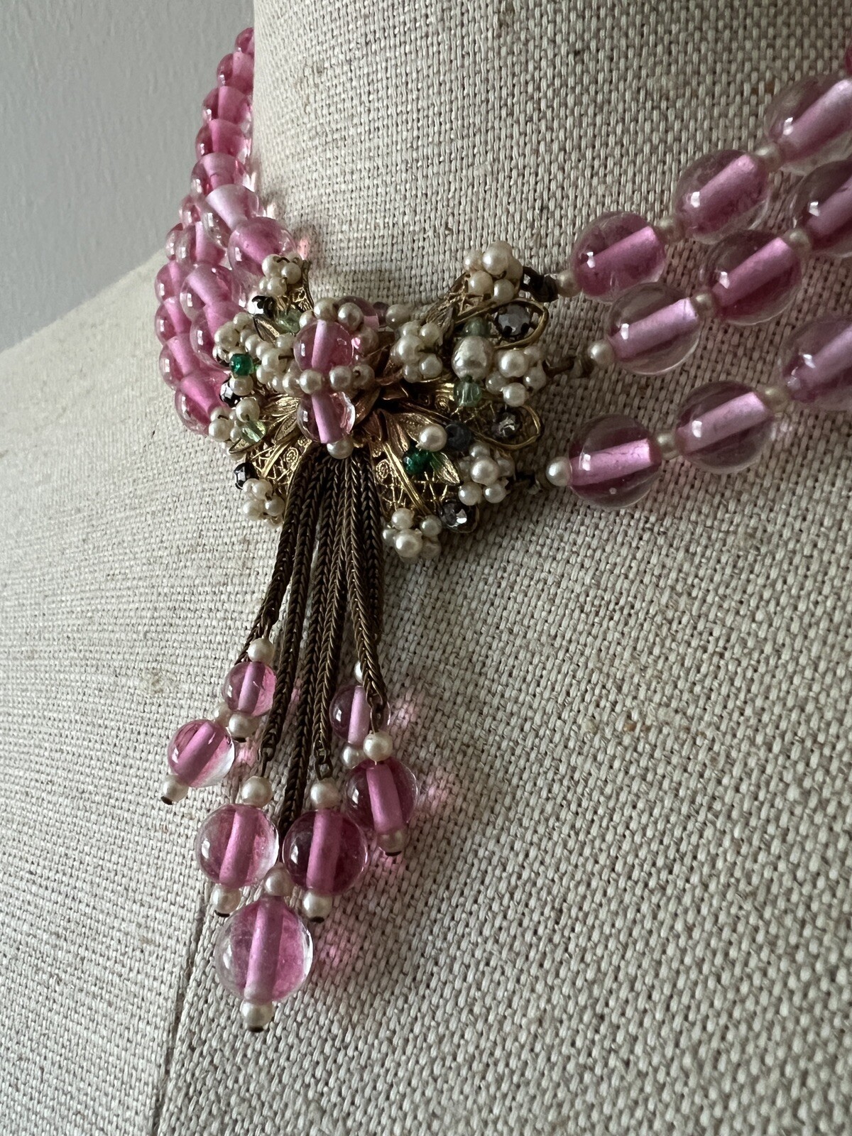 Early Miriam Haskell 3 Strand Pink Glass Festoon Necklace Faux Pearl Rose Monteé