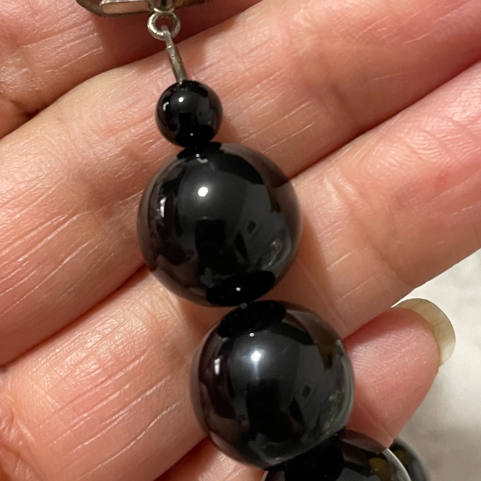 Vintage Sterling Silver Square Clasp Black Onyx Polished Bead Bracelet 6″ Small