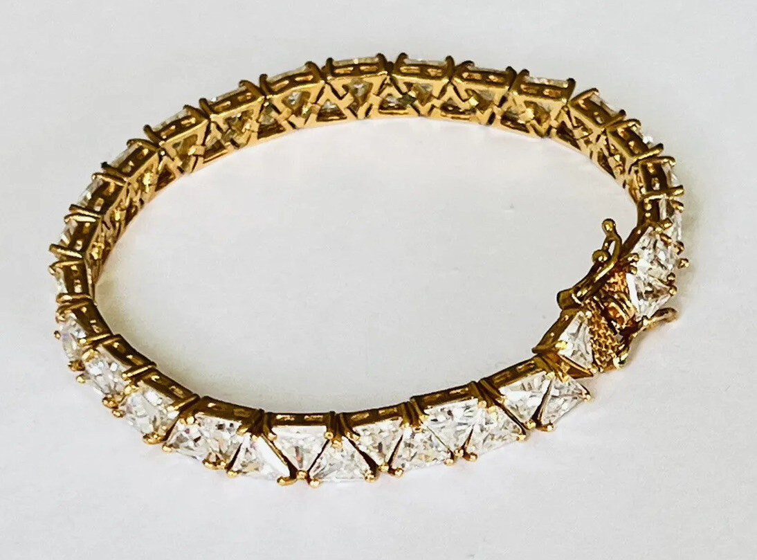 Vintage 18K Gold Vermeil Sterling Silver Trillion Cut CZ Tennis Link Bracelet