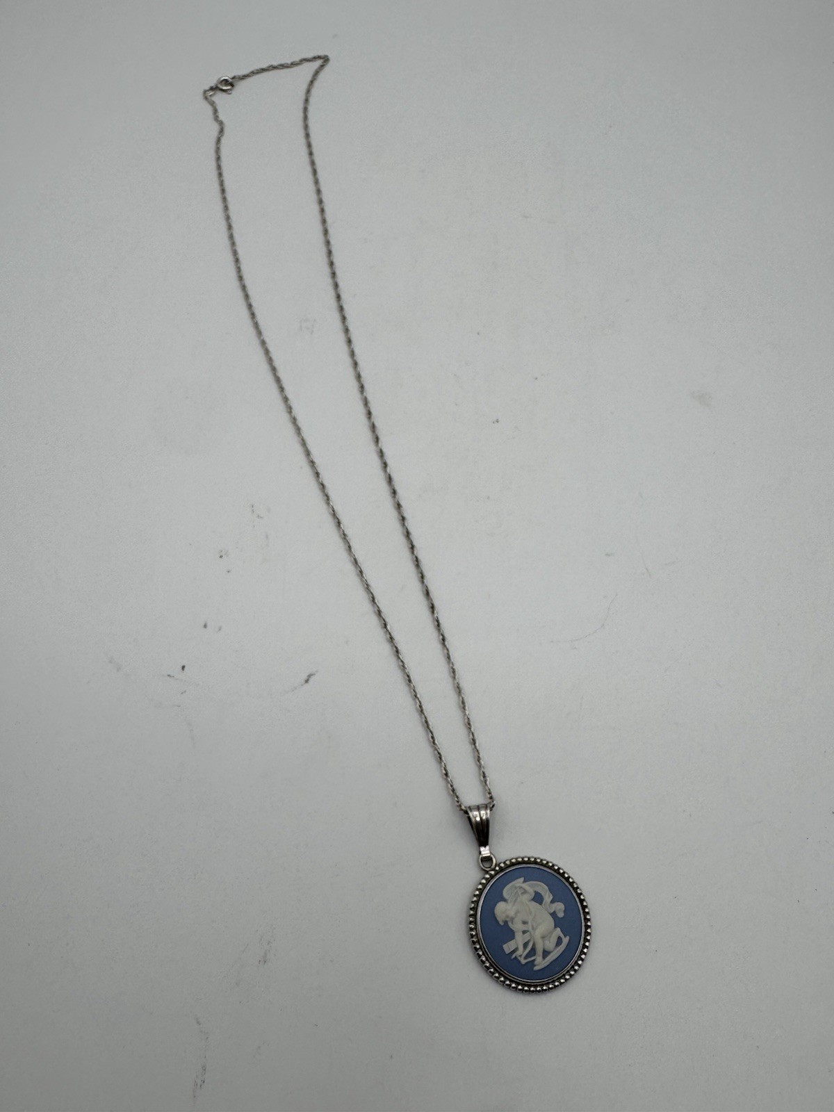 Vintage Wedgwood Blue Jasperware Cupid Signed Pendant Necklace Silver England