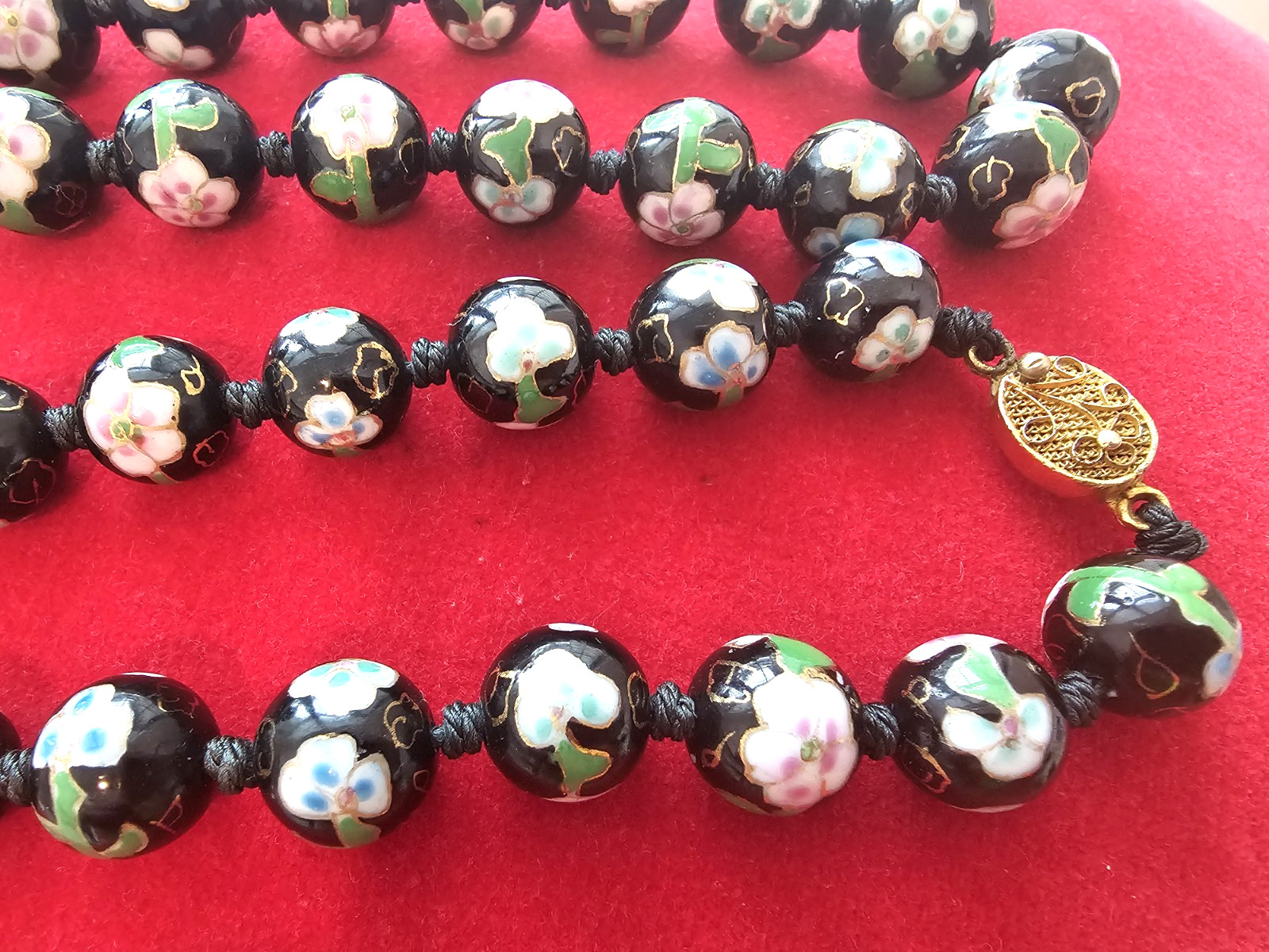Vintage Cloisonne Bead Necklace Hand Knotted Glass Floral Flower Multi Color