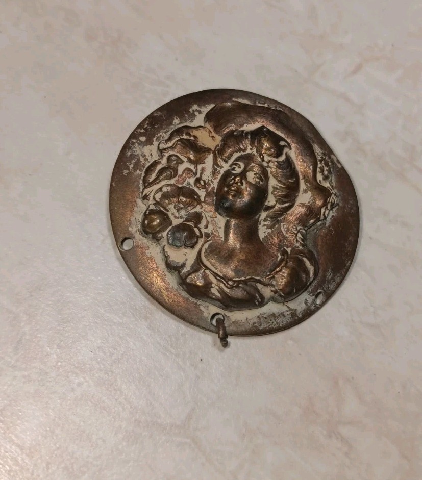 Antique Art Nouveau Lady Portrait Brooch Dress Ornament Sash Pin Brass C1900