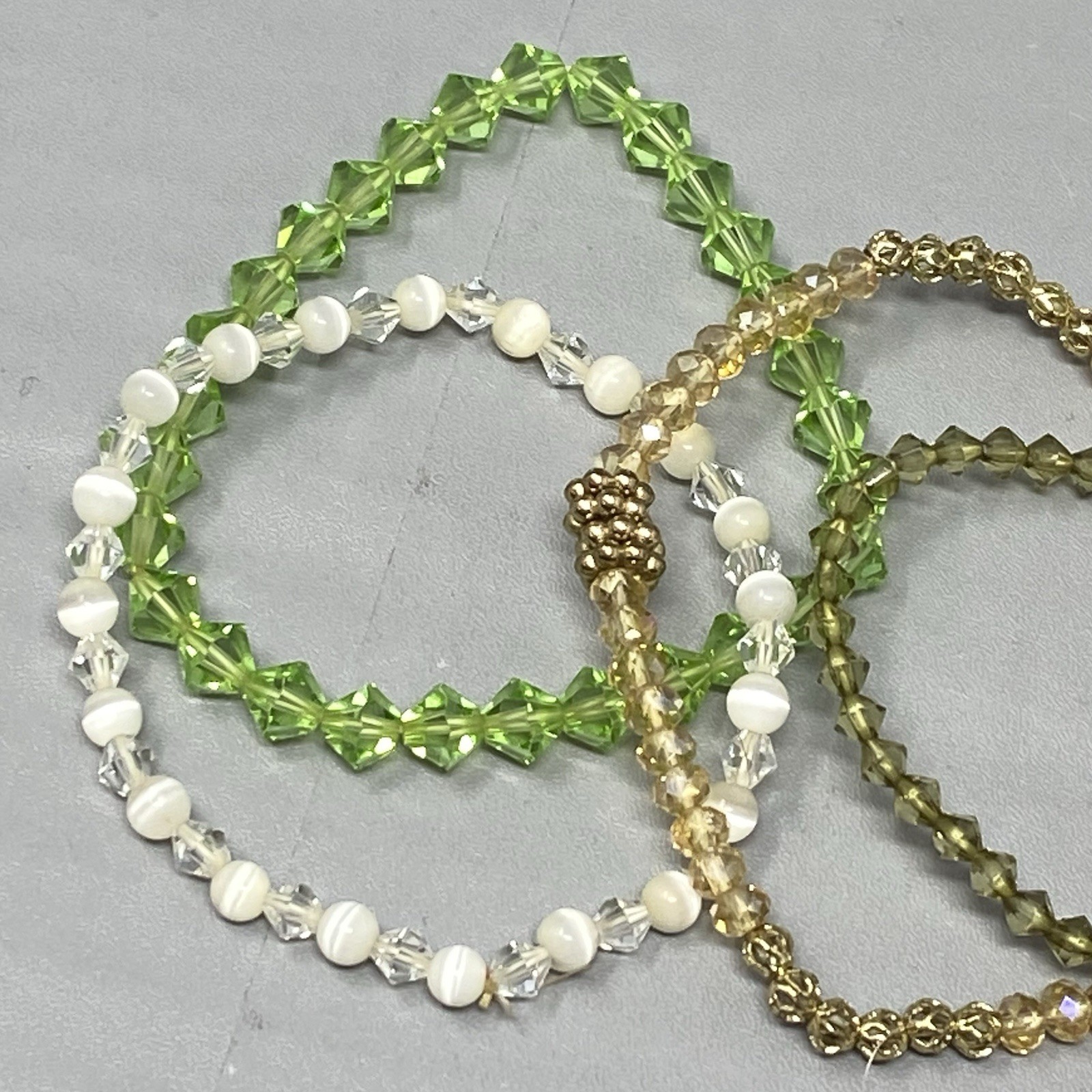 Glass Beaded Bracelet Lot (5) Purple Green White Stretch Mini Faceted Coated 6″