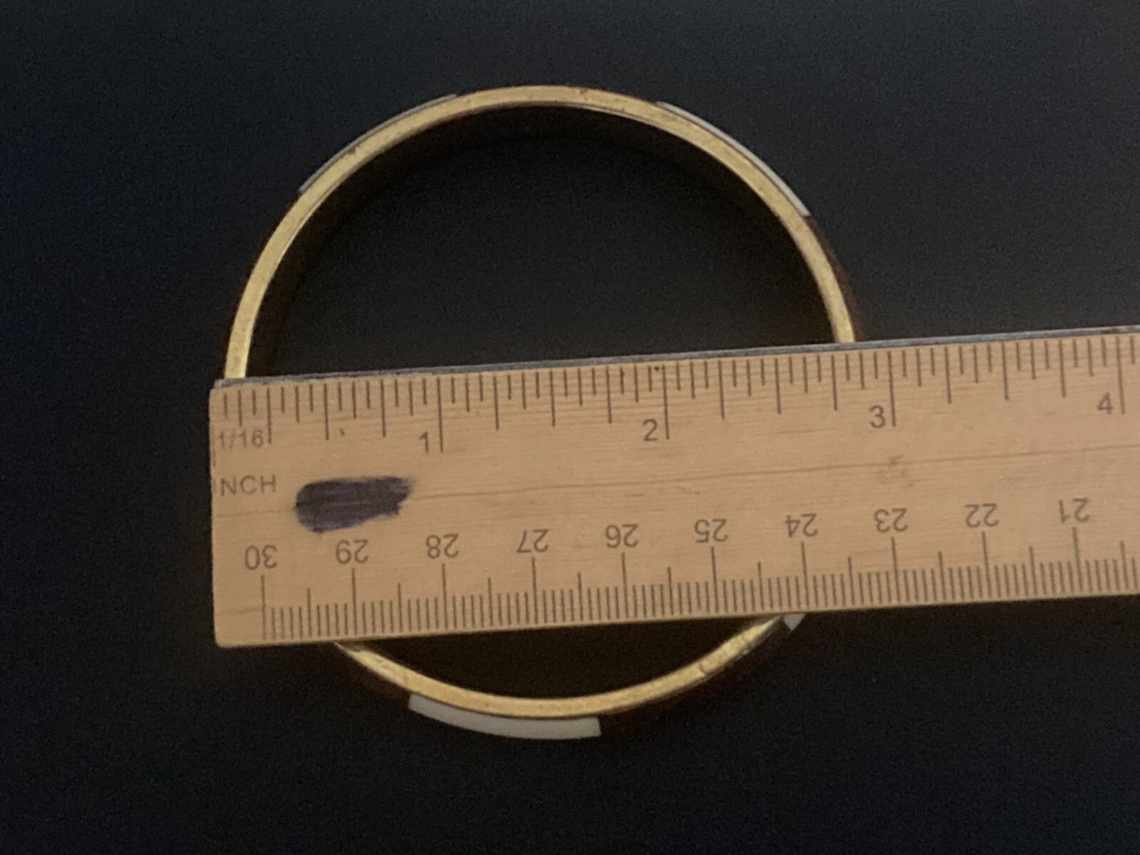 Vintage Brown White Enameled Striped Bangle Bracelet Gold Tone Metal