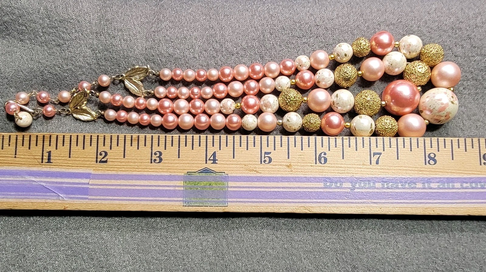 Vintage Pink Multi Strand Beaded Necklace Earrings Set Gold Tone READ