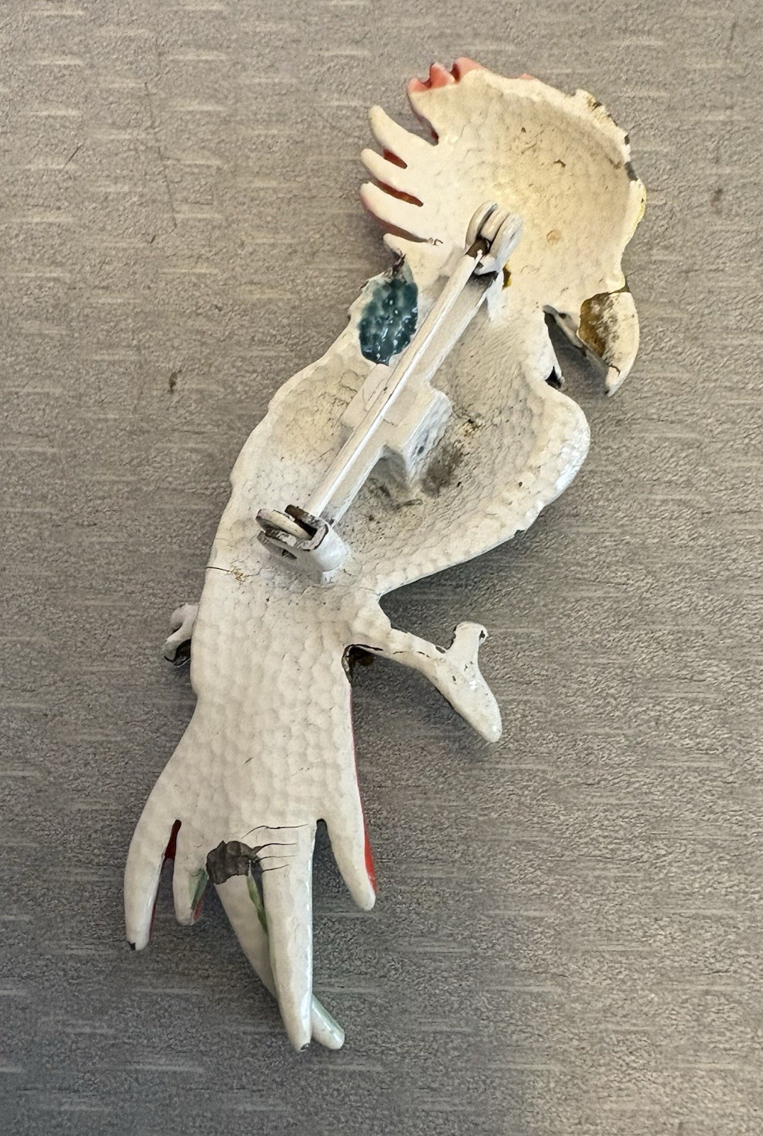 Vintage Enamel Cockatoo Parrot Bird Brooch Colorful Amber Glass Cabochon Eye