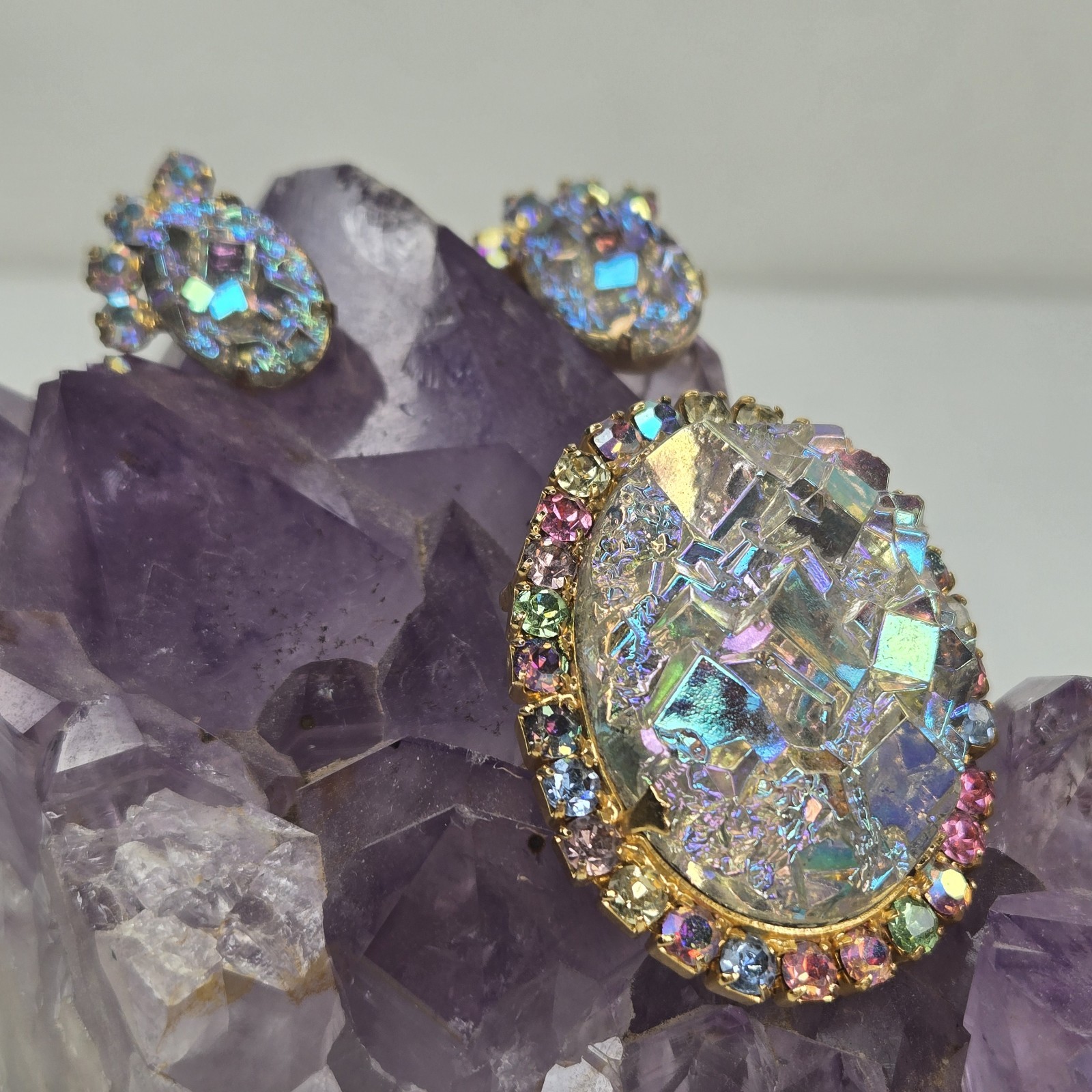 Vintage Juliana DeLizza & Elster Crystal Geode Brooch & Earrings Rare Book Piece