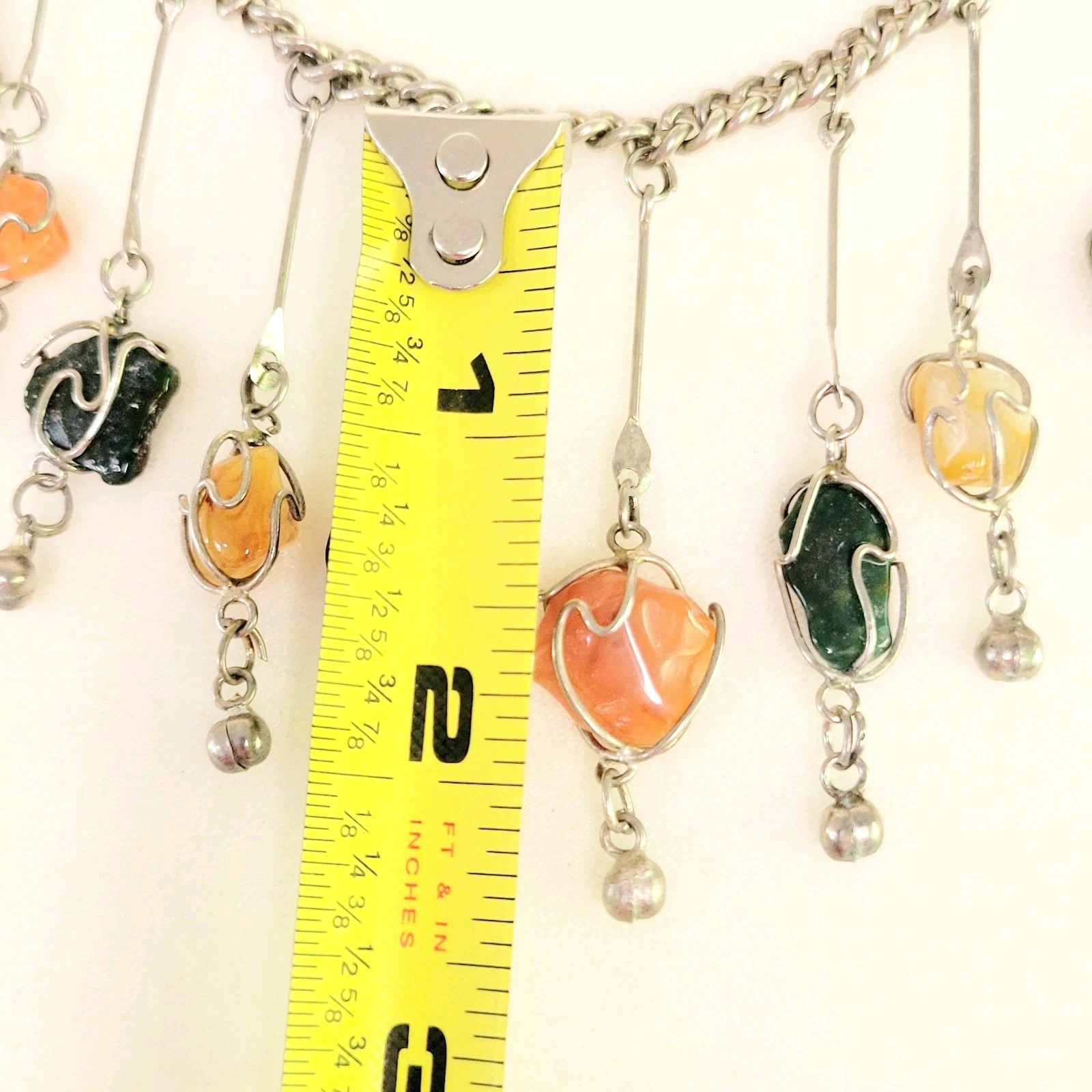 Vtg Wire Wrapped Caged Gemstone Agate Necklace Bib Dangle 21″ 1970s Boho Silver