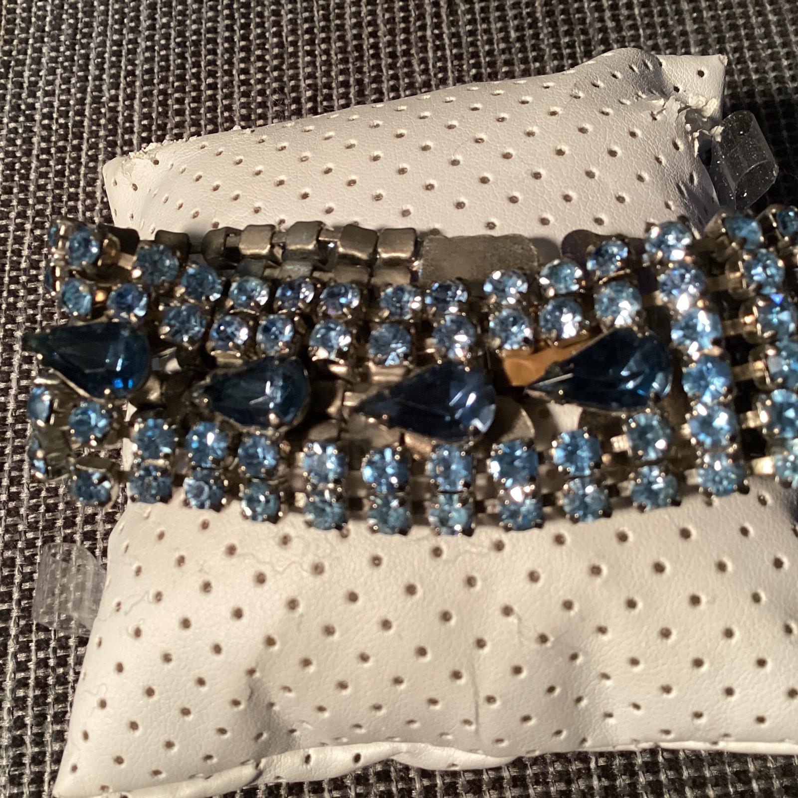 Vintage Blue Rhinestone Wide Statement Bracelet Silver Tone Unsigned 7 Inches