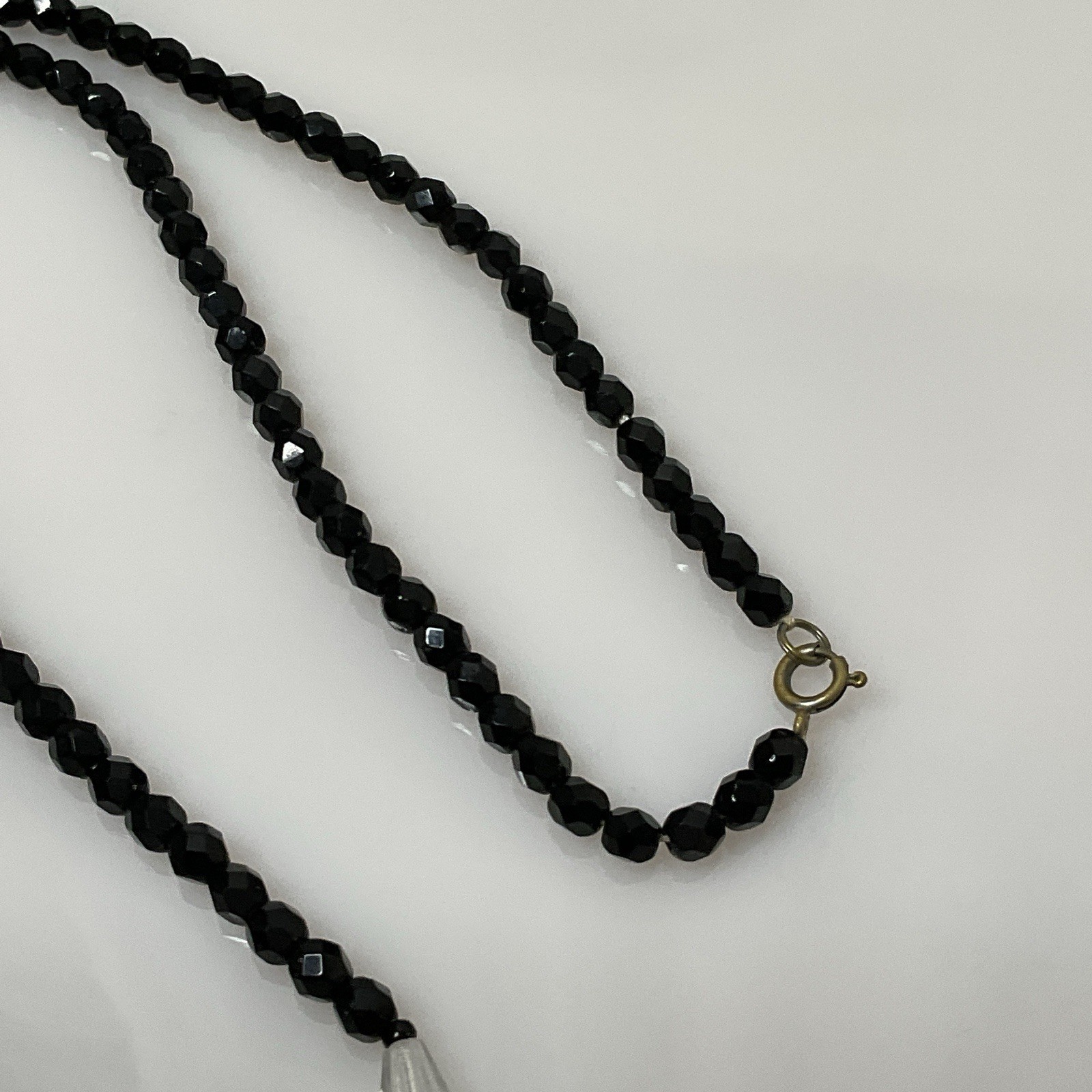 Vintage Art Deco Black Clear Glass Necklace Faceted Bead 26” Crystal Accent