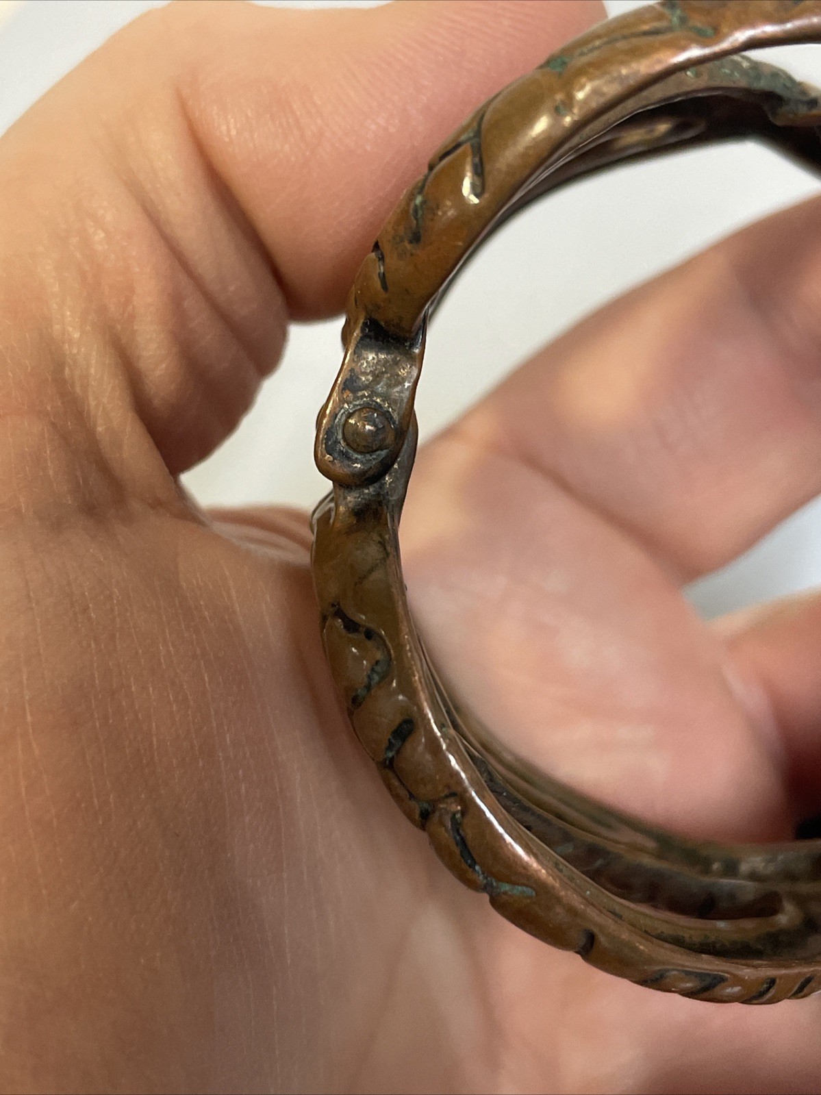 1970 – 1980 Copper Coiled Snake Biker Goth Western Hinged Bracelet Vtg Gem Eyes