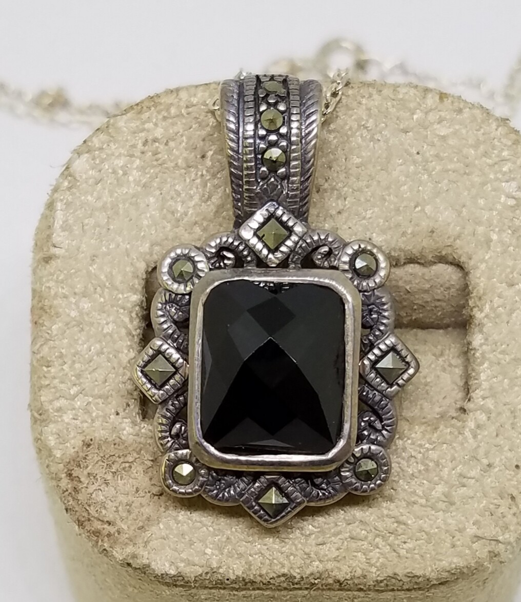 HSN CFJ Sterling Silver Faceted Onyx Marcasite Pendant Necklace ~ 16″
