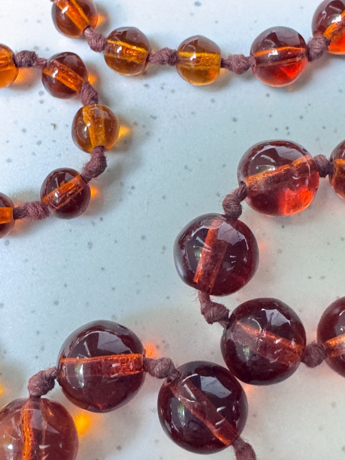 Vintage ART DECO Graduated Bead FAUX Amber Necklace, Czech Glass, Hand knot, 32”