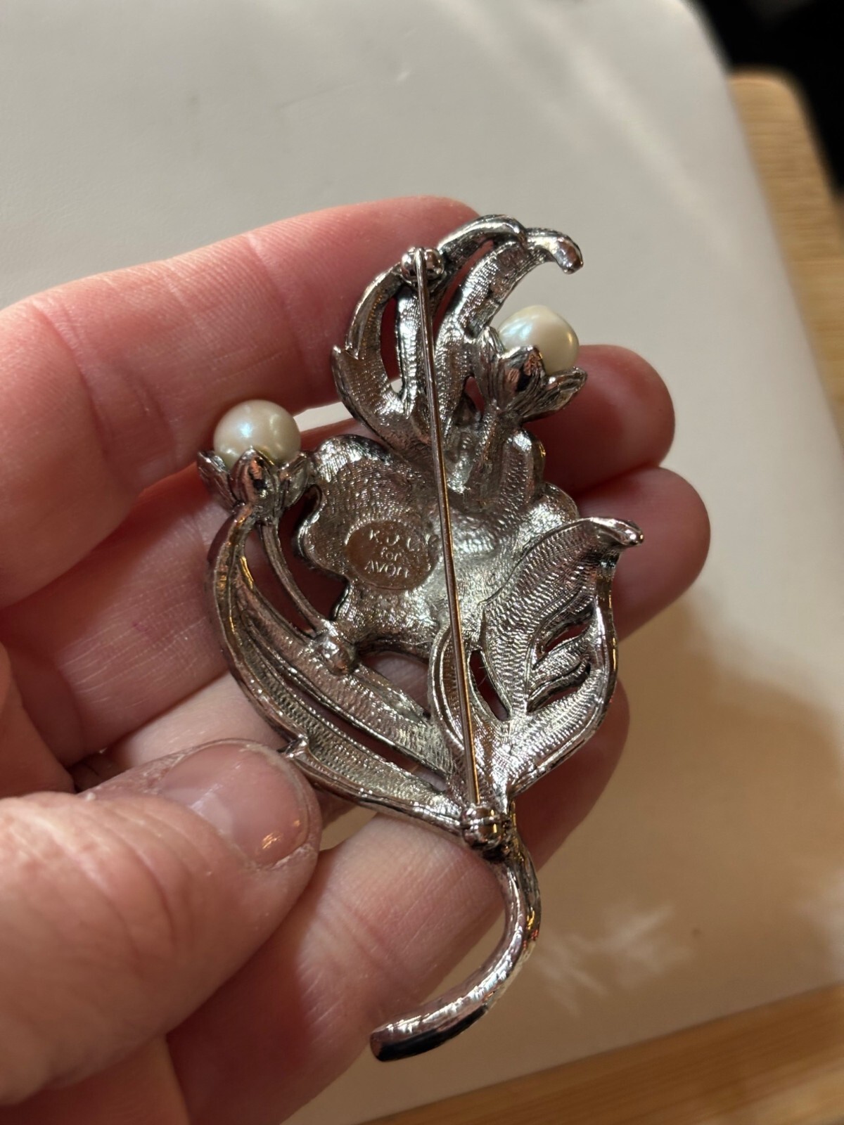 KJL by Avon signed Vintage Silver Tone Floral Brooch With Rhinestones & Faux Pea