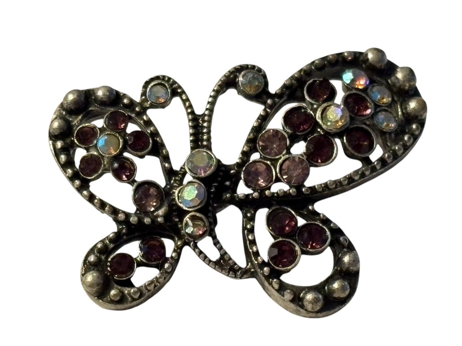 Butterfly Brooch Pin Silver Tone Purple Aurora Borealis Rhinestones Textured VTG