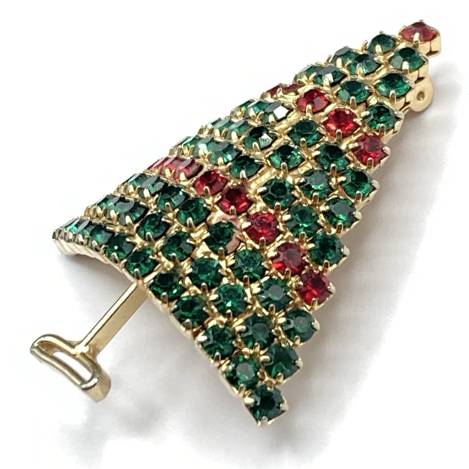 Vintage Red Green Rhinestone Gold Tone Christmas Tree Brooch Pin