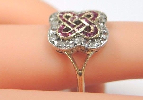 Victorian Art Deco Diamond Ruby 18K Yellow Gold Ring Size 9 UK-R1/2 Fine