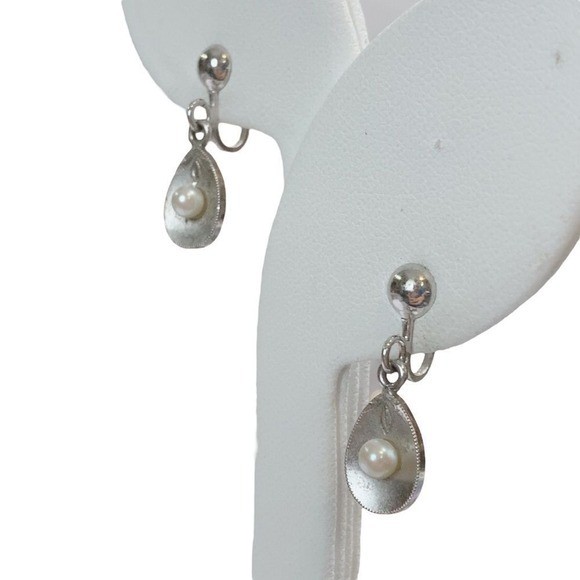 Vintage Sterling Lamode Pearl Screw Back Drop Dangle Earrings Old Money Coastal