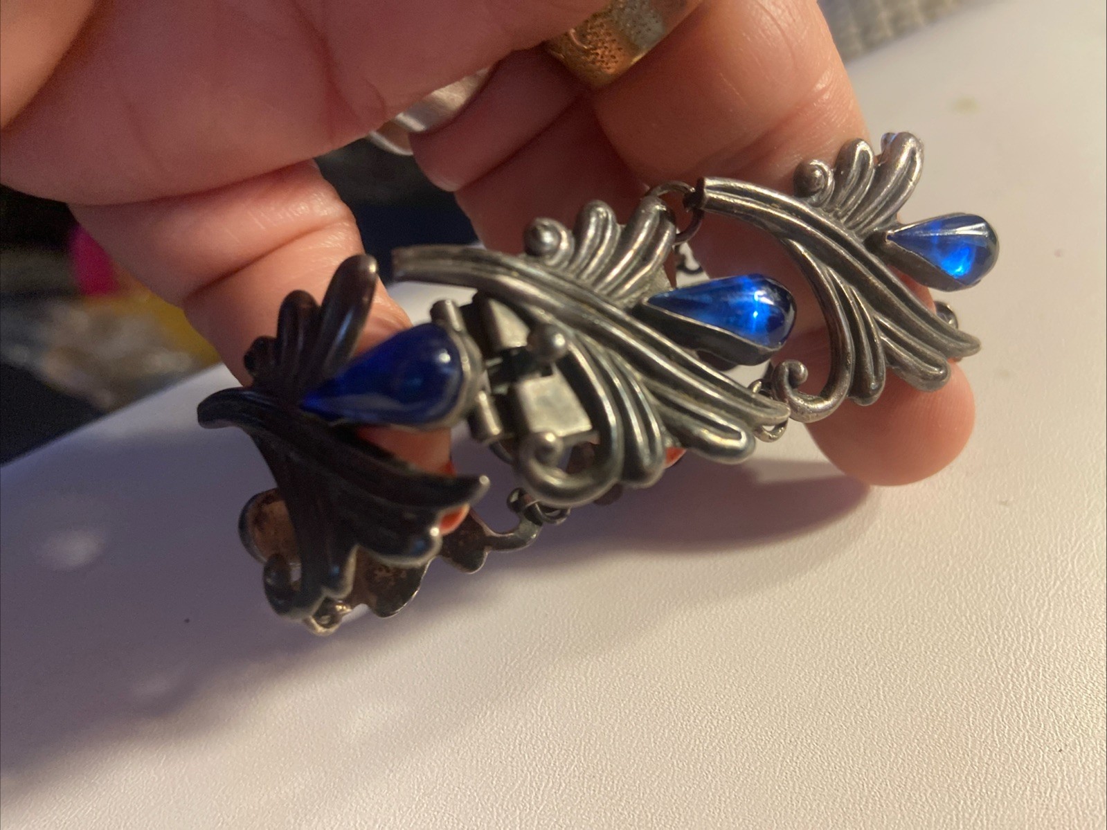 VTG Los Castillo Taxco Mexican Sterling Blue Cabochon Glass Floral Bracelet 7″