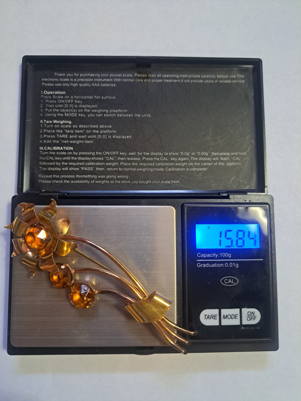 Huge 4″ Sterling Silver Gold Wash Flower Brooch Pin Amber Citrine Glass 16 Grams