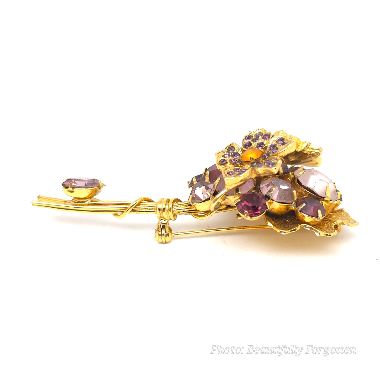 Signed RJ Graziano Purple Rhinestone Floral Bouquet Brooch