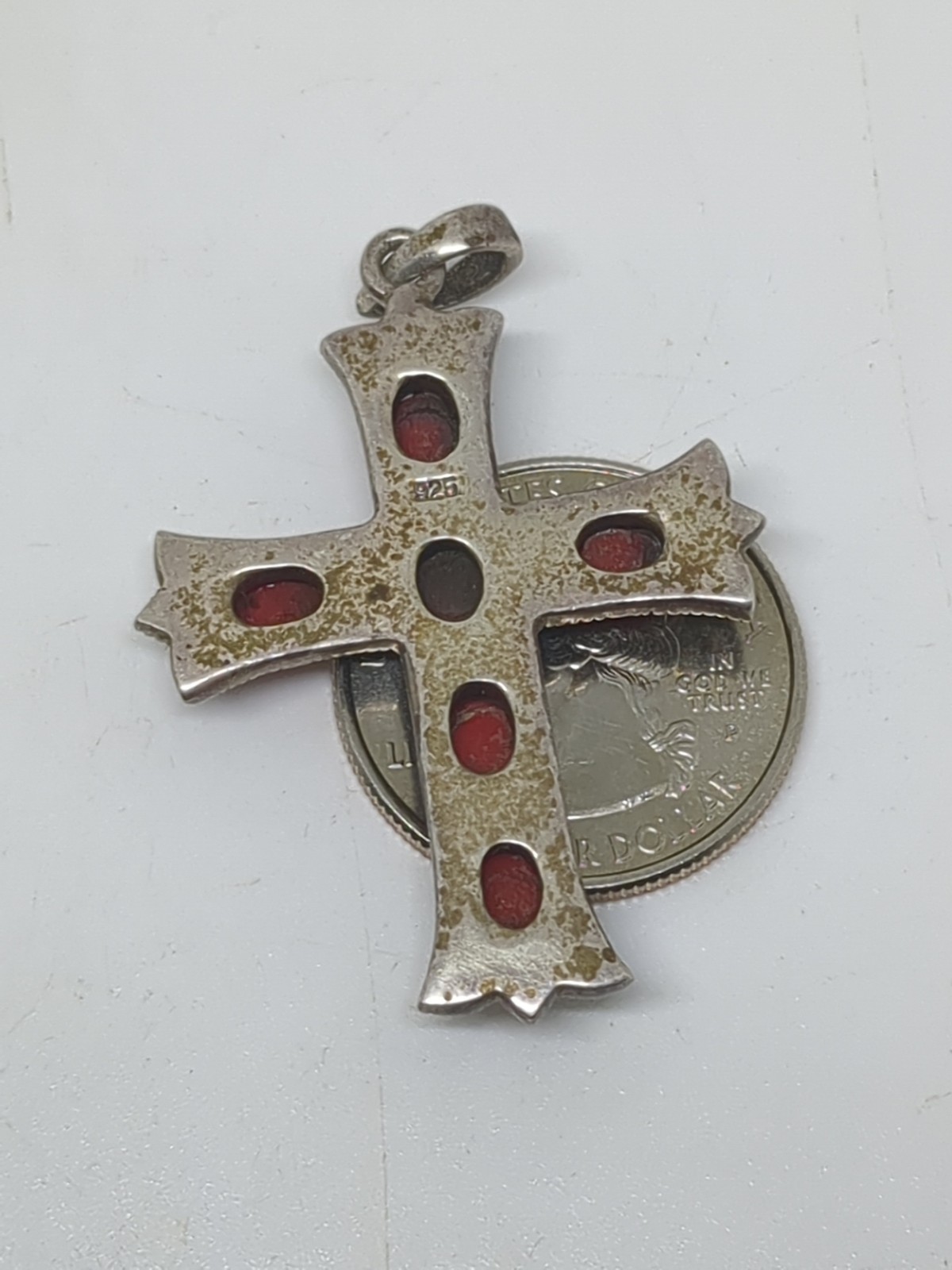 Vintage Sterling Silver 925 Southwestern Red Coral Marcasite Cross Pendant