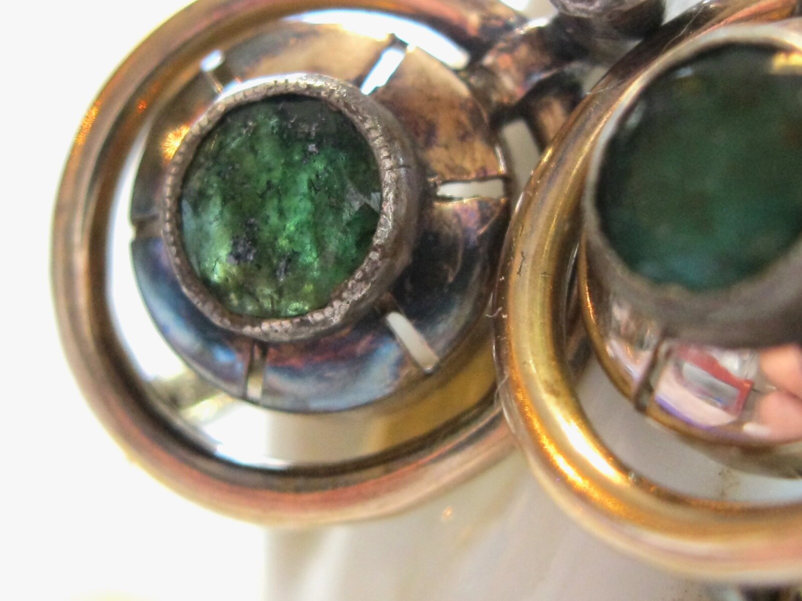ANTIQUE CIRCULAR EMERALD AND ROSE CUT DIAMOND LEVER BACK GOLD EARRINGS 14K GOLD