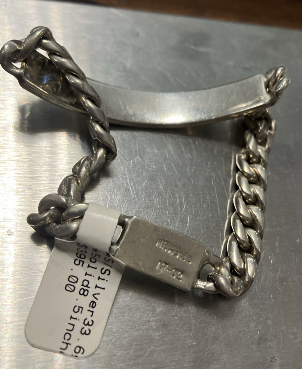 Mexico IF-02 Sterling Silver 925 Cuban ID Bracelet Solid 33 Grams 8.5 Inches